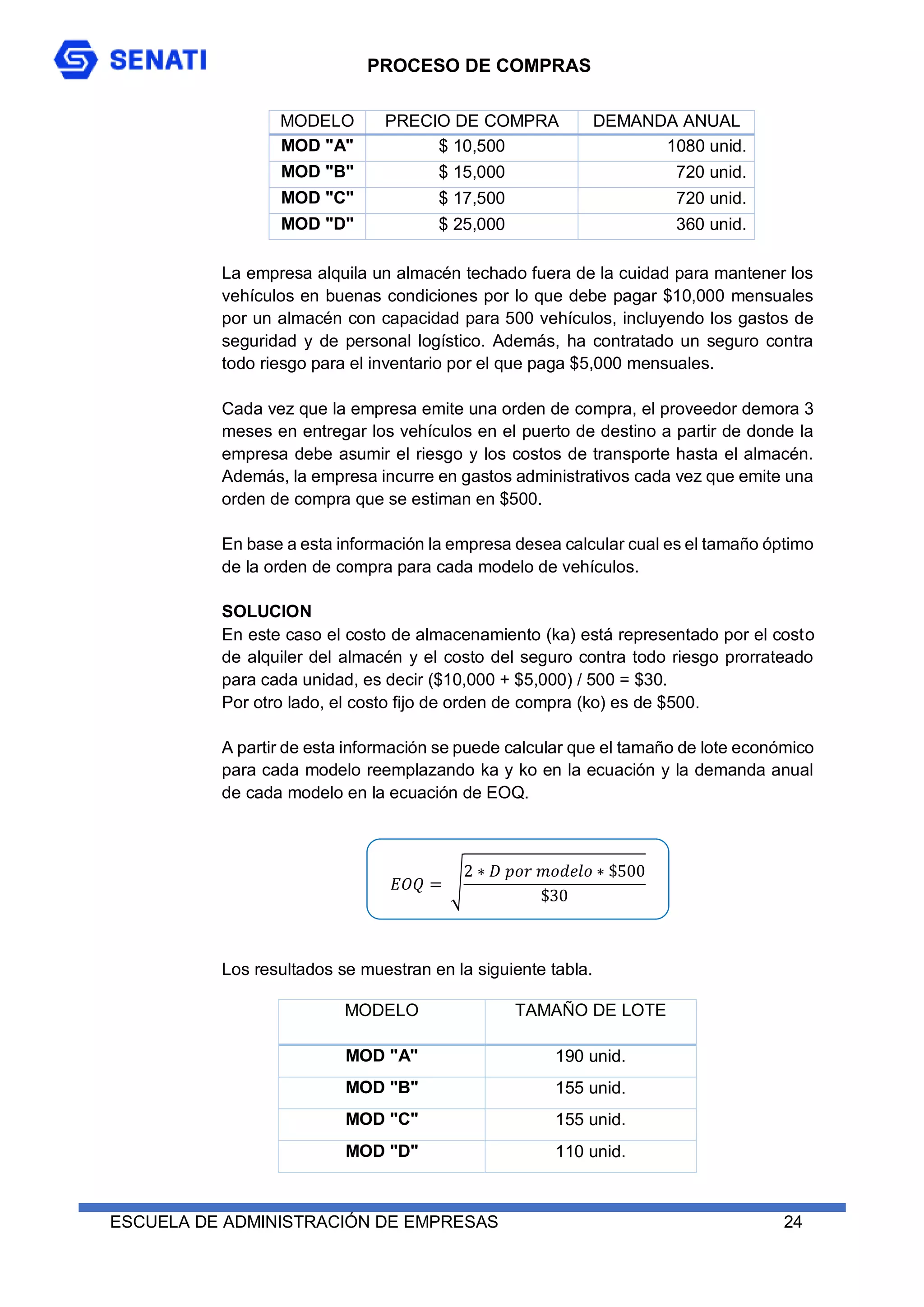 PROCESO DE COMPRAS
ESCUELA DE ADMINISTRACIÓN DE EMPRESAS 24
MODELO PRECIO DE COMPRA DEMANDA ANUAL
MOD "A" $ 10,500 1080 unid.
MOD "B" $ 15,000 720 unid.
MOD "C" $ 17,500 720 unid.
MOD "D" $ 25,000 360 unid.
La empresa alquila un almacén techado fuera de la cuidad para mantener los
vehículos en buenas condiciones por lo que debe pagar $10,000 mensuales
por un almacén con capacidad para 500 vehículos, incluyendo los gastos de
seguridad y de personal logístico. Además, ha contratado un seguro contra
todo riesgo para el inventario por el que paga $5,000 mensuales.
Cada vez que la empresa emite una orden de compra, el proveedor demora 3
meses en entregar los vehículos en el puerto de destino a partir de donde la
empresa debe asumir el riesgo y los costos de transporte hasta el almacén.
Además, la empresa incurre en gastos administrativos cada vez que emite una
orden de compra que se estiman en $500.
En base a esta información la empresa desea calcular cual es el tamaño óptimo
de la orden de compra para cada modelo de vehículos.
SOLUCION
En este caso el costo de almacenamiento (ka) está representado por el costo
de alquiler del almacén y el costo del seguro contra todo riesgo prorrateado
para cada unidad, es decir ($10,000 + $5,000) / 500 = $30.
Por otro lado, el costo fijo de orden de compra (ko) es de $500.
A partir de esta información se puede calcular que el tamaño de lote económico
para cada modelo reemplazando ka y ko en la ecuación y la demanda anual
de cada modelo en la ecuación de EOQ.
𝐸𝑂𝑄 = √
2 ∗ 𝐷 𝑝𝑜𝑟 𝑚𝑜𝑑𝑒𝑙𝑜 ∗ $500
$30
Los resultados se muestran en la siguiente tabla.
MODELO TAMAÑO DE LOTE
MOD "A" 190 unid.
MOD "B" 155 unid.
MOD "C" 155 unid.
MOD "D" 110 unid.
 