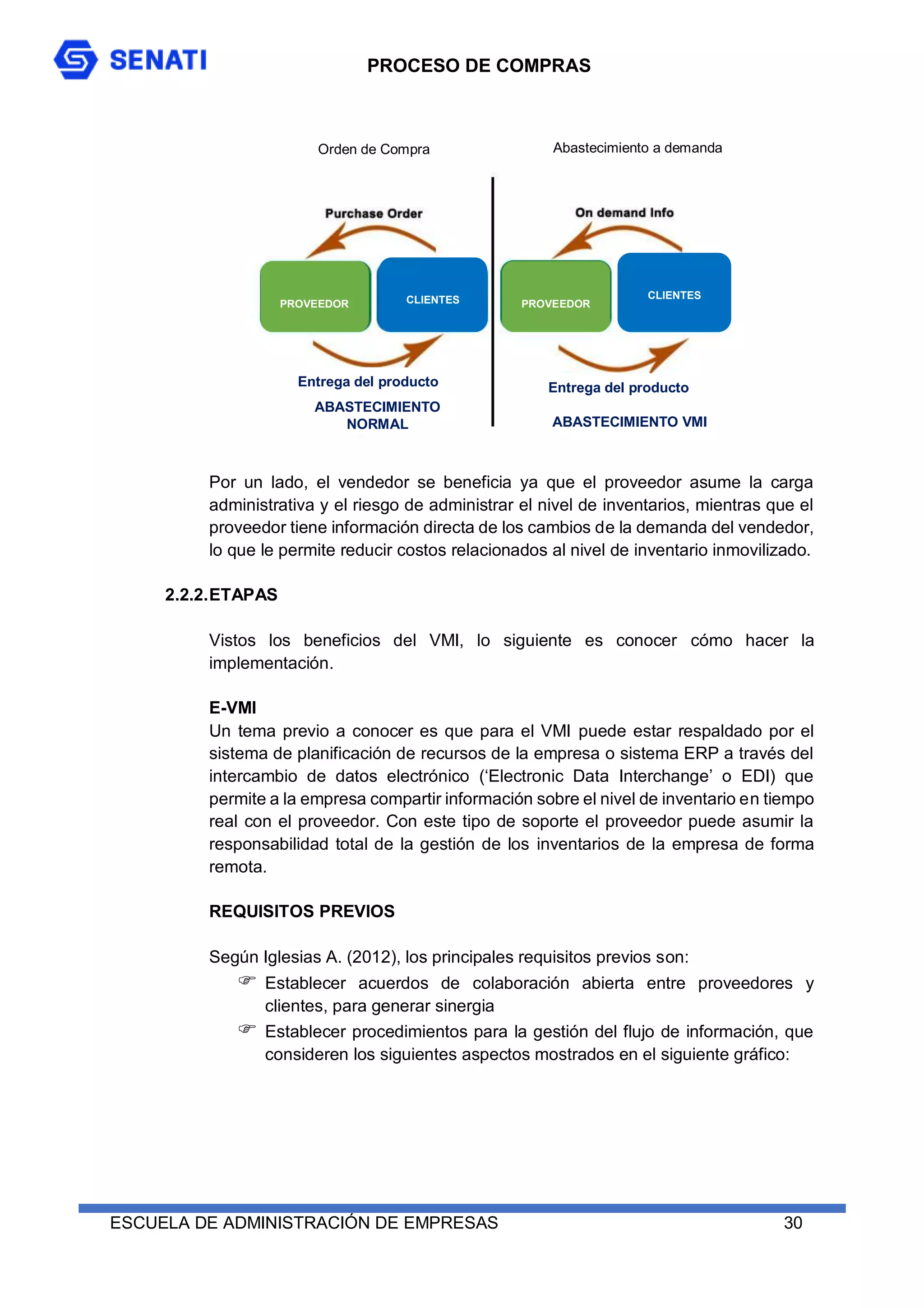 PROCESO DE COMPRAS
ESCUELA DE ADMINISTRACIÓN DE EMPRESAS 30
Por un lado, el vendedor se beneficia ya que el proveedor asume la carga
administrativa y el riesgo de administrar el nivel de inventarios, mientras que el
proveedor tiene información directa de los cambios de la demanda del vendedor,
lo que le permite reducir costos relacionados al nivel de inventario inmovilizado.
2.2.2.ETAPAS
Vistos los beneficios del VMI, lo siguiente es conocer cómo hacer la
implementación.
E-VMI
Un tema previo a conocer es que para el VMI puede estar respaldado por el
sistema de planificación de recursos de la empresa o sistema ERP a través del
intercambio de datos electrónico (‘Electronic Data Interchange’ o EDI) que
permite a la empresa compartir información sobre el nivel de inventario en tiempo
real con el proveedor. Con este tipo de soporte el proveedor puede asumir la
responsabilidad total de la gestión de los inventarios de la empresa de forma
remota.
REQUISITOS PREVIOS
Según Iglesias A. (2012), los principales requisitos previos son:
 Establecer acuerdos de colaboración abierta entre proveedores y
clientes, para generar sinergia
 Establecer procedimientos para la gestión del flujo de información, que
consideren los siguientes aspectos mostrados en el siguiente gráfico:
Orden de Compra Abastecimiento a demanda
Entrega del producto Entrega del producto
ABASTECIMIENTO
NORMAL ABASTECIMIENTO VMI
PROVEEDOR PROVEEDOR
CLIENTES CLIENTES
 