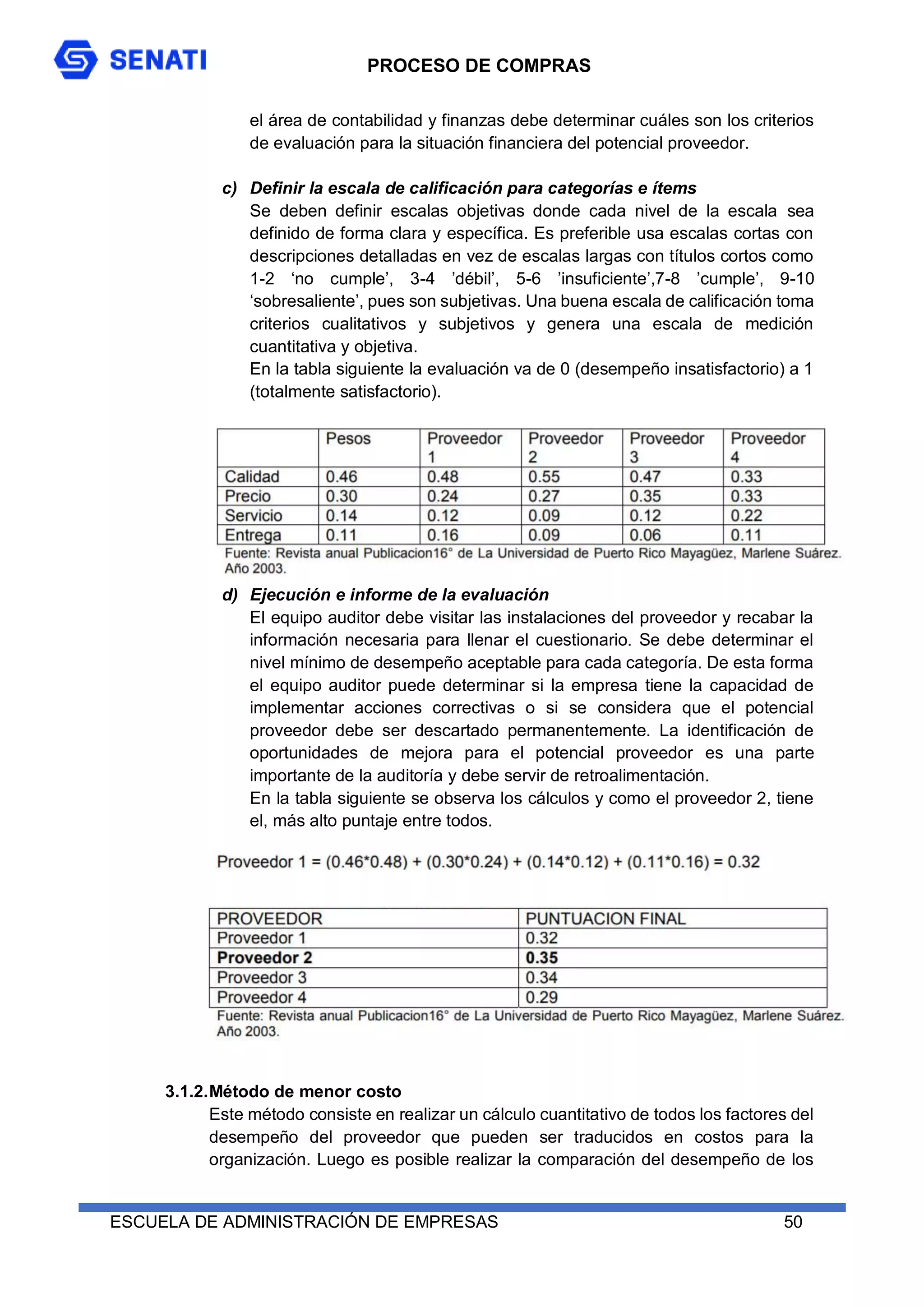 PROCESO DE COMPRAS
ESCUELA DE ADMINISTRACIÓN DE EMPRESAS 50
el área de contabilidad y finanzas debe determinar cuáles son los criterios
de evaluación para la situación financiera del potencial proveedor.
c) Definir la escala de calificación para categorías e ítems
Se deben definir escalas objetivas donde cada nivel de la escala sea
definido de forma clara y específica. Es preferible usa escalas cortas con
descripciones detalladas en vez de escalas largas con títulos cortos como
1-2 ‘no cumple’, 3-4 ’débil’, 5-6 ’insuficiente’,7-8 ’cumple’, 9-10
‘sobresaliente’, pues son subjetivas. Una buena escala de calificación toma
criterios cualitativos y subjetivos y genera una escala de medición
cuantitativa y objetiva.
En la tabla siguiente la evaluación va de 0 (desempeño insatisfactorio) a 1
(totalmente satisfactorio).
d) Ejecución e informe de la evaluación
El equipo auditor debe visitar las instalaciones del proveedor y recabar la
información necesaria para llenar el cuestionario. Se debe determinar el
nivel mínimo de desempeño aceptable para cada categoría. De esta forma
el equipo auditor puede determinar si la empresa tiene la capacidad de
implementar acciones correctivas o si se considera que el potencial
proveedor debe ser descartado permanentemente. La identificación de
oportunidades de mejora para el potencial proveedor es una parte
importante de la auditoría y debe servir de retroalimentación.
En la tabla siguiente se observa los cálculos y como el proveedor 2, tiene
el, más alto puntaje entre todos.
3.1.2.Método de menor costo
Este método consiste en realizar un cálculo cuantitativo de todos los factores del
desempeño del proveedor que pueden ser traducidos en costos para la
organización. Luego es posible realizar la comparación del desempeño de los
 