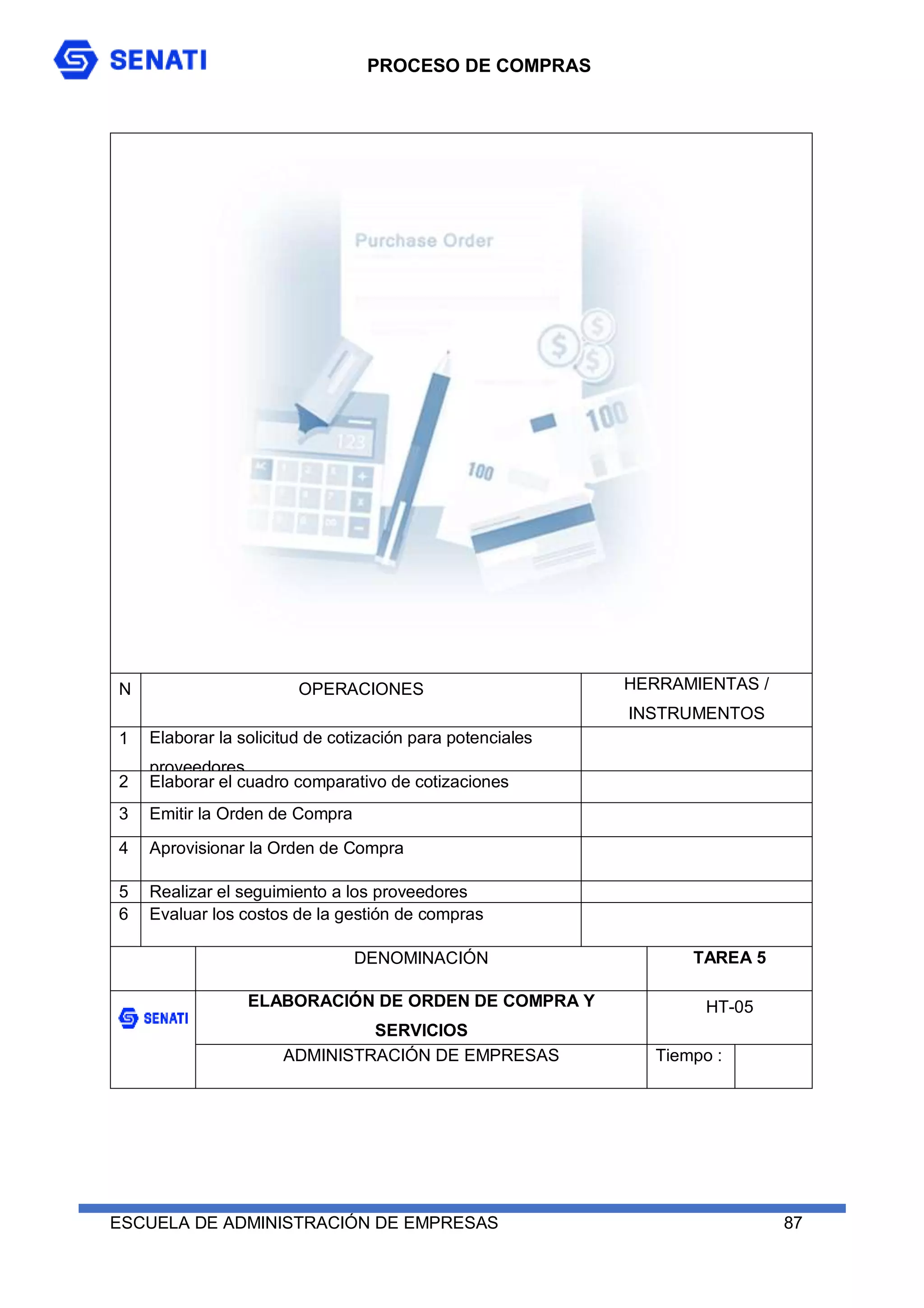 PROCESO DE COMPRAS
ESCUELA DE ADMINISTRACIÓN DE EMPRESAS 87
N OPERACIONES HERRAMIENTAS /
INSTRUMENTOS
1 Elaborar la solicitud de cotización para potenciales
proveedores
2 Elaborar el cuadro comparativo de cotizaciones
3 Emitir la Orden de Compra
4 Aprovisionar la Orden de Compra
5 Realizar el seguimiento a los proveedores
6 Evaluar los costos de la gestión de compras
DENOMINACIÓN TAREA 5
ELABORACIÓN DE ORDEN DE COMPRA Y
SERVICIOS
HT-05
ADMINISTRACIÓN DE EMPRESAS Tiempo :
 