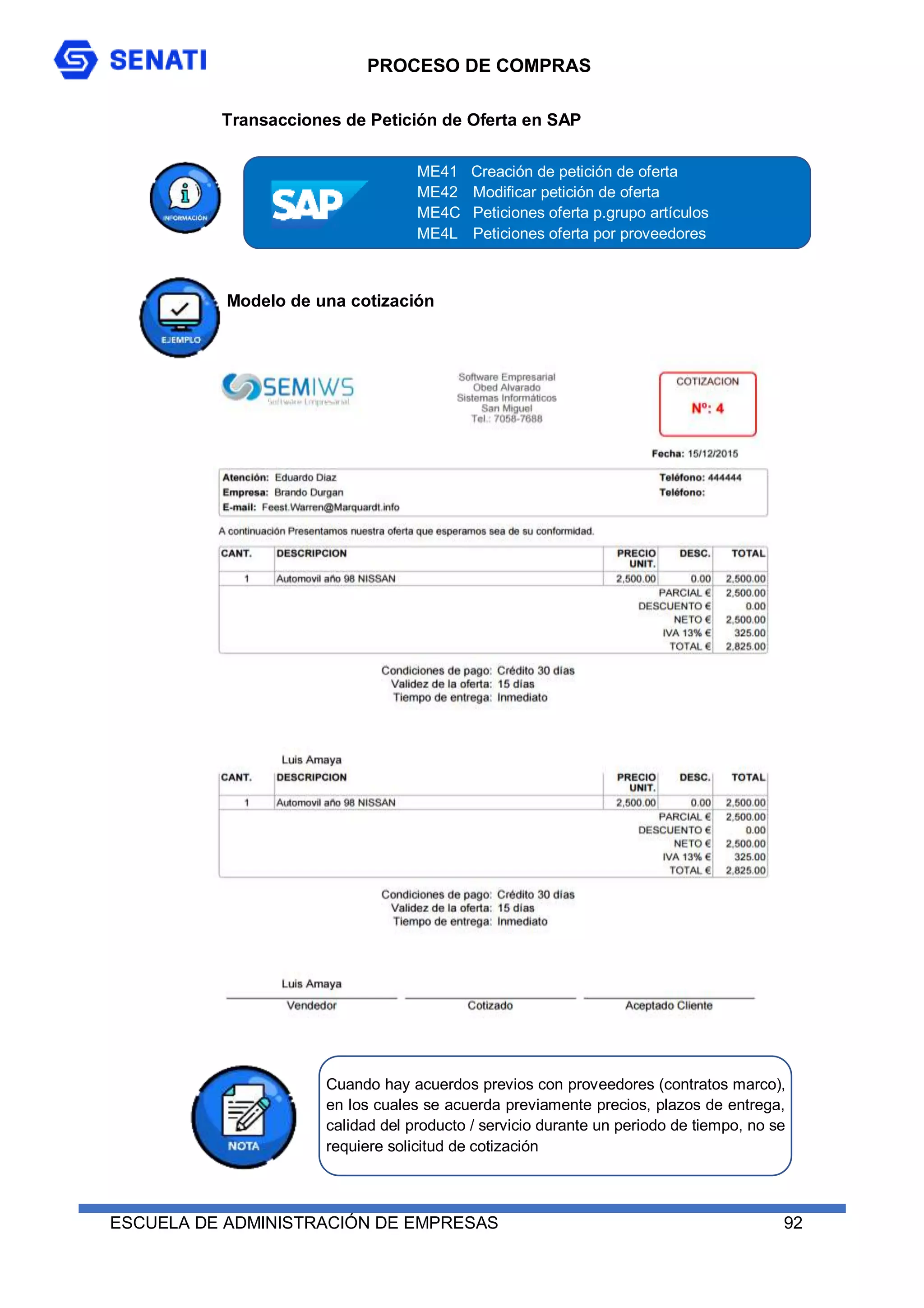 PROCESO DE COMPRAS
ESCUELA DE ADMINISTRACIÓN DE EMPRESAS 92
Transacciones de Petición de Oferta en SAP
Modelo de una cotización
ME41 Creación de petición de oferta
ME42 Modificar petición de oferta
ME4C Peticiones oferta p.grupo artículos
ME4L Peticiones oferta por proveedores
ME4M Peticiones oferta por material
Cuando hay acuerdos previos con proveedores (contratos marco),
en los cuales se acuerda previamente precios, plazos de entrega,
calidad del producto / servicio durante un periodo de tiempo, no se
requiere solicitud de cotización
 