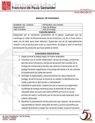 MANUAL DE FUNCIONES

NOMBRE DEL CARGO:
Dependencia:
Jefe Inmediato:

PERSONAL DE CARGA
Área de Bodega
Jefe de bodega
FUNCIÓN BÁSICA:
Responder por la mercancía proveniente de la planta, supervisar que se
mantenga en orden el almacenamiento de los productos y se dé un buen trato a
cada uno de ellos para evitar deterioro; Supervisar que se dé adecuadamente
rotación a los productos para evitar su vencimiento. Encargar y subir al vehículo
de transporte los productos que haya pedido el cliente
FUNCIONES ESPECÍFICAS:
1. Llegar puntual al trabajo según el horario estipulado
2. Coordinar con el camión trasportador: tiempo de entrega, condiciones
del trato de la mercancía y tiempo de devolución del cumplido de la
entrega de mercancías a clientes que reclaman directamente con la
bodega haciendo seguimiento a la entrega del cliente a fin de controlar
el cumplimiento por parte del camión.
3. Controlar la organización y almacenamiento de cada producto de
bodega, de tal forma que su preserve su calidad, la identificación sea
visible y permita su fácil acceso y manipulación.
4. Coordinar la separación y distribución de la mercancía progamando
ayudantes de bodega necesarios para el desarrollo de esta labor,
utilizando todos los casos del sistema PEPS (primeros en entrar
primeros en salir) y verificando que la mercancía este separada, buen
estado y facturada.
5. Planificar la acomodación de los productos que ingresan, de tal manera
que permitan la rotación adecuada de estos y que los ayudantes que
separan el producto y cargan los camiones tengan acceso al producto

18

 