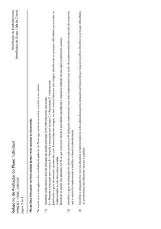 IdentificaçãodoEstabelecimento
IdentificaçãodoGrupo/SaladaCriança
RelatóriodeAvaliaçãodoPlanoIndividual
IMP02.IT01.PC03-CRECHE
página3de3
Notas:Estafolhapodeserfotocopiadatantasvezesquantasasnecessárias
DeacordocomaabrangênciadasconclusõesdaavaliaçãodoPIemvigorpodesenecessárioprocederàsuarevisão.
(1)	IdentificarnestacolunaograudeexecuçãodasacçõesprevistasnoPI,referindosefoiumaacção:
A=Planeadaeexecutadacomsucesso;B=Planeadaeexecutadasemsucesso;C=Replaneada;D=Abandonada
Justificandoograudeexecuçãoapresentado:comSucesso/objectivoatingidoousemsucesso/objectivonãoatingido,identificandoasprincipaisdificuldadesencontradasna
implementaçãoounãodasacçõesprevistas.
          IdentificarasacçõesnãoplaneadasnoPI;i.e.queocorreramdevidoaactividadesespontâneaserespectivaavaliaçãodeexecução(sucesso/semsucesso).
(2)	IdentificarograudeadequaçãodacalendarizaçãoprevistanoPI(adequada,implementadamaiscedo,implementadamaistarde,nãoimplementada)faceaoperíododetempoem
queamesmafoiimplementadaejustificarodesvioàcalendarização.
(3)	Identificaraadequaçãodosrecursosafectadosáimplementaçãodecadaacção(adequada/nãoadequado,participou/nãoparticipou)ejustificar.Identificarasprincipaisdificuldades
noenvolvimentodosdiferentesrecursosejustificar.
 