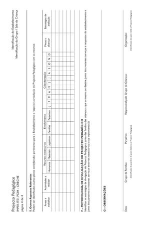 IdentificaçãodoEstabelecimento
IdentificaçãodoGrupo/SaladaCriança
ProjectoPedagógico
IMP01.IT01.PC04-CRECHE
página4de4
5.OutrosAspectosRelevantes
PodemseridentificadosoutrosplanosconsideradospertinentesparaoEstabelecimentoerespectivaarticulaçãodoProjectoPedagógicocomosmesmos
Áreasa
trabalhar
Actividadesa
realizar
RecursosnecessáriosEnvolvimentoCalendarizaçãoMetasa
alcançar
Estratégiasde
avaliaçãoHumanosMateriaisLogísticosFamíliasParceirosJFMAMJJASOND
F–METODOLOGIADEDIVULGAÇÃODOPROJECTOPEDAGÓGICO
IdentificarasestratégiasdedivulgaçãodoProjectoPedagógicojuntodasfamíliasdascriançasaqueomesmosedestina,juntodosrestantesserviçoserespostasdoestabelecimentoe
juntodosparceiroserestantesserviçosexternosnecessáriosàsuaimplementação
G–OBSERVAÇÕES
Data:				GrupodeFamílias:		Parceiros:		ResponsávelpeloGrupodeCrianças:			Organização:
			(IdentificaçãodequandoedequemelaborouoProjectoPedagógico)								(IdentificaçãodequemvalidaoProjectoPedagógico)
 
