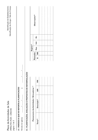 PlanodeActividadesdeSala
IMP02.IT01.PC04-CRECHE
página1de3
IdentificaçãodoEstabelecimento
IdentificaçãodoGrupo/SaladaCriança
A–PERÍODOAQUESEREPORTAAPLANIFICACÃO
Períododevigência:		/	/		a:		/	/		
B–PLANIFICAÇÃO,AVALIAÇÃOEPROPOSTASDEREFORMULAÇÃO
PlaneamentodasActividades/Brincadeiras(1)
Registo(4)
Observações(5)Planeadas
Exp.Ind.Gr.
Tema(2)
Descrição(3)
AMPMRNR
 
