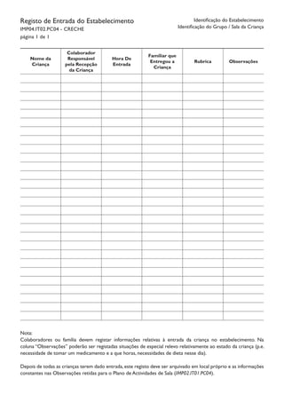 Registo de Entrada do Estabelecimento
IMP04.IT02.PC04 - CRECHE
página 1 de 1
Identificação do Estabelecimento
Identificação do Grupo / Sala da Criança
Nome da
Criança
Colaborador
Responsável
pela Recepção
da Criança
Hora De
Entrada
Familiar que
Entregou a
Criança
Rubrica Observações
Nota:
Colaboradores ou família devem registar informações relativas à entrada da criança no estabelecimento. Na
coluna “Observações” poderão ser registadas situações de especial relevo relativamente ao estado da criança (p.e.
necessidade de tomar um medicamento e a que horas, necessidades de dieta nesse dia).
Depois de todas as crianças terem dado entrada, este registo deve ser arquivado em local próprio e as informações
constantes nas Observações retidas para o Plano de Actividades de Sala (IMP02.IT01.PC04).
 