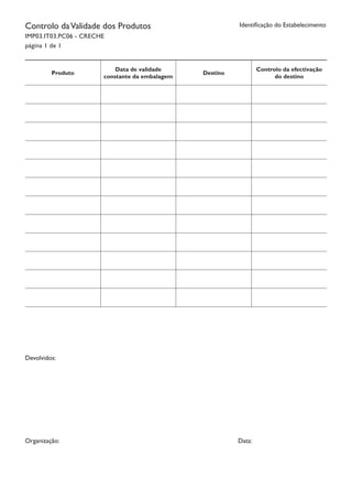 Controlo daValidade dos Produtos
IMP03.IT03.PC06 - Creche
página 1 de 1
Identificação do Estabelecimento
Produto
Data de validade
constante da embalagem
Destino
Controlo da efectivação
do destino
Devolvidos:
Organização: 									 Data:
 