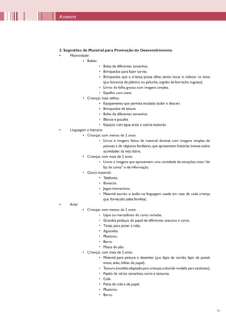 55
2. Sugestões de Material para Promoção do Desenvolvimento
•	 Motricidade:
•	 Bebés:
•	 Bolas de diferentes tamanhos.
•	 Brinquedos para fazer torres.
•	 Brinquedos que a criança possa olhar, sentir, tocar e colocar na boca
(p.e. bonecos de plástico ou peluche, argolas de borracha rugosas).
•	 Livros de folha grossa com imagens simples.
•	 Espelho com trave.
•	 Crianças mais velhas:
•	 Equipamento que permita escalada (subir e descer)
•	 Brinquedos de leitura
•	 Bolas de diferentes tamanhos
•	 Blocos e puzzles
•	 Espaços com água, areia e outras texturas
•	 Linguagem e literacia:
•	 Crianças com menos de 2 anos:
•	 Livros e imagens feitos de material durável, com imagens simples de
pessoas e de objectos familiares,que apresentem histórias breves sobre
actividades da vida diária.
•	 Crianças com mais de 2 anos:
•	 Livros e imagens que apresentem uma variedade de situações reais,“de
faz de conta” e de informação.
•	 Outro material:
•	 Telefones.
•	 Bonecos.
•	 Jogos interactivos.
•	 Material escrito e áudio na linguagem usada em casa de cada criança
(p.e. fornecido pelas famílias).
•	 Arte:
•	 Crianças com menos de 2 anos:
•	 Lápis ou marcadores de cores variadas.
•	 Grandes pedaços de papel de diferentes texturas e cores.
•	 Tintas para pintar à mão.
•	 Aguarelas.
•	 Plasticina.
•	 Barro.
•	 Massa de pão.
•	 Crianças com mais de 2 anos:
•	 Material para pintura e desenhar (p.e. lápis de carvão, lápis de pastel,
tintas, telas, folhas de papel).
•	 Tesoura(modeloadaptadoparacrianças,incluindomodeloparacanhotos).
•	 Papéis de vários tamanhos, cores e texturas.
•	 Cola.
•	 Pasta de cola e de papel.
•	 Plasticina.
•	 Barro.
Anexos
 