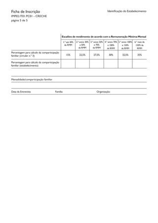 Ficha de Inscrição
IMP02.IT01.PC01 - CRECHE
página 5 de 5
Identificação do Estabelecimento
Escalões de rendimento de acordo com a Remuneração Mínima Mensal
Percentagem para cálculo da comparticipação
familiar (circular n.º 3)
Percentagem para cálculo da comparticipação
familiar (estabelecimento)
1.º até 30%
da RMM
2.º entre 30%
a 50%
da RMM
3.º entre 50%
e 70%
da RMM
4.º entre 70%
e 100%
da RMM
5.º entre 100%
e 150%
da RMM
6.º mais de
150% da
RMM
15% 22,5% 27,5% 30% 32,5% 35%
Mensalidade/comparticipação familiar 	
Data da Entrevista: 		 Família:		 Organização:
 