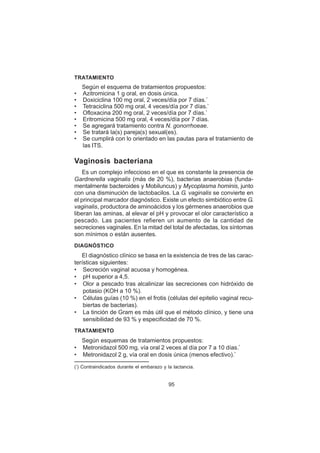 95
TRATAMIENTO
Según el esquema de tratamientos propuestos:
• Azitromicina 1 g oral, en dosis única.
• Doxiciclina 100 mg oral, 2 veces/día por 7 días.*
• Tetraciclina 500 mg oral, 4 veces/día por 7 días.*
• Ofloxacina 200 mg oral, 2 veces/día por 7 días.*
• Eritromicina 500 mg oral, 4 veces/día por 7 días.
• Se agregará tratamiento contra N. gonorrhoeae.
• Se tratará la(s) pareja(s) sexual(es).
• Se cumplirá con lo orientado en las pautas para el tratamiento de
las ITS.
Vaginosis bacteriana
Es un complejo infeccioso en el que es constante la presencia de
Gardnerella vaginalis (más de 20 %), bacterias anaerobias (funda-
mentalmente bacteroides y Mobiluncus) y Mycoplasma hominis, junto
con una disminución de lactobacilos. La G. vaginalis se convierte en
el principal marcador diagnóstico. Existe un efecto simbiótico entre G.
vaginalis, productora de aminoácidos y los gérmenes anaerobios que
liberan las aminas, al elevar el pH y provocar el olor característico a
pescado. Las pacientes refieren un aumento de la cantidad de
secreciones vaginales. En la mitad del total de afectadas, los síntomas
son mínimos o están ausentes.
DIAGNÓSTICO
El diagnóstico clínico se basa en la existencia de tres de las carac-
terísticas siguientes:
• Secreción vaginal acuosa y homogénea.
• pH superior a 4,5.
• Olor a pescado tras alcalinizar las secreciones con hidróxido de
potasio (KOH a 10 %).
• Células guías (10 %) en el frotis (células del epitelio vaginal recu-
biertas de bacterias).
• La tinción de Gram es más útil que el método clínico, y tiene una
sensibilidad de 93 % y especificidad de 70 %.
TRATAMIENTO
Según esquemas de tratamientos propuestos:
• Metronidazol 500 mg, vía oral 2 veces al día por 7 a 10 días.*
• Metronidazol 2 g, vía oral en dosis única (menos efectivo).*
(*
) Contraindicados durante el embarazo y la lactancia.
 