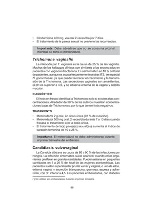 96
• Clindamicina 400 mg, vía oral 2 veces/día por 7 días.
• El tratamiento de la pareja sexual no previene las recurrencias.
Importante. Debe advertirse que no se consuma alcohol
mientras se toma el metronidazol.
Trichomona vaginalis
La infección por T. vaginalis es la causa de 25 % de las vaginitis.
Muchos de los hallazgos clínicos son similares a los encontrados en
pacientes con vaginosis bacteriana. Es asintomático en 10 % del total
de pacientes, aunque se asocia frecuentemente a otras ITS, en especial
N. gonorrhoeae, ya que puede favorecer el crecimiento y la transmi-
sión de la Trichomona. Las secreciones vaginales son amarillentas,
el pH es superior a 4,5, y se observa eritema de la vagina y colpitis
macular.
DIAGNÓSTICO
El frotis en fresco identifica la Trichomona solo si existen altas con-
centraciones. Alrededor de 50 % de los cultivos muestran concentra-
ciones bajas de Trichomonas, por lo que tienen frotis negativos.
TRATAMIENTO
• Metronidazol 2 g oral, en dosis única (95 % de curación).
• Metronidazol 500 mg oral, 2 veces/día durante 7 a 10 días cuando
fracasa el tratamiento con la dosis única.
• El tratamiento de la(s) pareja(s) sexual(es) aumenta el índice de
curación femenina de 10 a 25 %.
Importante. El metronidazol no debe administrarse durante
el primer trimestre del embarazo.
Candidiasis vulvovaginal
La Candida albicans es causa de 80 a 90 % de las infecciones por
hongos. La infección sintomática suele aparecer cuando estos orga-
nismos proliferan en grandes cantidades. Pueden aislarse en pequeñas
cantidades en 5 a 20 % del total de las mujeres asintomáticas. Las
pacientes suelen experimentar prurito vulvar y vaginal, o uno de ellos,
eritema vaginal y secreción blanquecina, grumosa, espesa y adhe-
rente, con pH inferior a 4,5. Las pacientes embarazadas, con diabetes
(*
) No utilizar en embarazadas durante el primer trimestre.
 