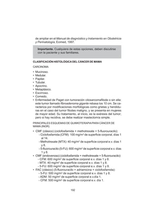 192
de ampliar en el Manual de diagnóstico y tratamiento en Obstetricia
y Perinatología, Ecimed, 1997.
Importante. Cualquiera de estas opciones, deben discutirse
con la paciente y sus familiares.
CLASIFICACIÓN HISTOLÓGICA DEL CÁNCER DE MAMA
CARCINOMA
• Mucinoso.
• Medular.
• Papilar.
• Tubular.
• Apocrino.
• Metaplásico.
• Escirroso.
• Comedo.
• Enfermedad de Paget con tumoración citosarcomafilode o sin ella:
este tumor llamado fibroadenoma gigante rebasa los 10 cm. Se ca-
racteriza por modificaciones morfológicas como grietas y hendidu-
ras en el caso del tumor filodes maligno, y se presenta en mujeres
de mayor edad. Su tratamiento, al inicio, es la exéresis del tumor;
pero si hay recidiva, se debe realizar mastectomía simple.
PRINCIPALES ESQUEMAS DE QUIMIOTERAPIAPARA CÁNCER DE
MAMA (INOR)
• CMF (clásico) (ciclofosfamida + methotrexate + 5-fluorouracilo):
- Ciclofosfamida (CFM): 100 mg/m2
de superficie corporal, días 1
al 14.
- Methotrexate (MTX): 40 mg/m2
de superficie corporal e.v. días 1
y 8.
- 5-fluorouracilo (5-FU): 600 mg/m2
de superficie corporal e.v. días
1 y 8.
• CMF (endovenoso) (ciclofosfamida + methotrexate + 5-fluorouracilo):
- CFM: 600 mg/m2
de superficie corporal e.v. días 1 y 8.
- MTX: 40 mg/m2
de superficie corporal e.v. días 1 y 8.
- 5-FU: 600 mg/m2
de superficie corporal e.v. días 1 y 8.
• FAC (clásico) (5-fluorouracilo + adriamicina + ciclofosfamida):
- 5-FU: 500 mg/m2
de superficie corporal e.v. días 1 y 8.
- ADM: 50 mg/m2
de superficie corporal e.v.día 1.
- CFM: 500 mg/m2
de superficie corporal e.v. día 1.
 