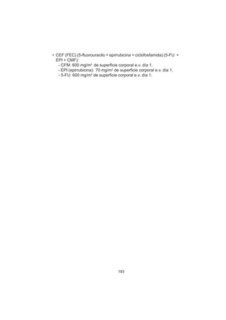 193
• CEF (FEC) (5-fluorouracilo + epirrubicina + ciclofosfamida) (5-FU +
EPI + CMF):
- CFM: 600 mg/m2
de superficie corporal e.v. día 1.
- EPI (epirrubicina): 70 mg/m2
de superficie corporal e.v. día 1.
- 5-FU: 600 mg/m2
de superficie corporal e.v. día 1.
 