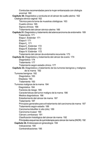 21
Conductas recomendadas para la mujer embarazada con citología
anormal 160
Capítulo 30. Diagnóstico y conducta en el cáncer de cuello uterino 162
Citología cérvico vaginal 162
Técnica para la toma de muestras citológicas 163
Cuadro clínico 165
Signos clínicos 166
Tratamiento del cáncer cérvico-uterino 166
Capítulo 31. Diagnóstico y tratamiento del adenocarcinoma de endometrio 169
Tratamiento 171
Etapa I. Estándar 171
Etapa II 171
Etapa IIa
171
Etapa IIb
. Estándar 172
Etapa III. Estándar 172
Etapa IV. Estándar 172
Tratamiento del cáncer de endometrio recurrente 173
Capítulo 32. Diagnóstico y tratamiento del cáncer de ovario 174
Diagnóstico 174
Tratamiento 177
Tratamiento según estadio clínico 177
Capítulo 33. Diagnóstico y tratamiento de los tumores benignos y malignos
de la mama 182
Tumores benignos 182
Diagnóstico 183
Displasia 183
Tratamiento 183
Tumores malignos de la mama 184
Diagnóstico 184
Factores de riesgo 185
Características del tumor maligno de la mama 186
Medios diagnósticos 186
Estadiamiento del cáncer de mama 187
Tratamiento 187
Principios generales para el tratamiento del carcinoma de mama 187
Tratamiento según estadio 189
Carcinoma lobulillar in situ (clis) 189
Carcinoma invasor 190
Cáncer y embarazo 191
Clasificación histológica del cáncer de mama 192
Principalesesquemasdequimioterapiaparacáncerdemama(INOR) 192
Capítulo 34. Endoscopia en ginecología 194
Indicaciones 194
Contraindicaciones 195
 