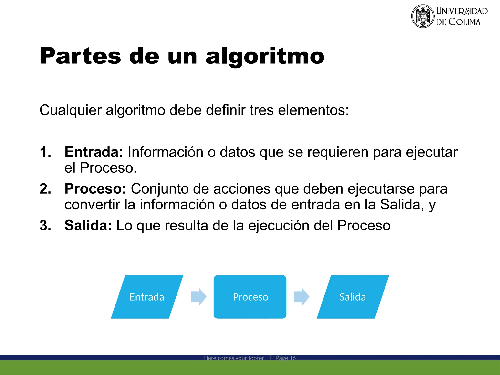 Partes de un algoritmo
Cualquier algoritmo debe definir tres elementos:
1. Entrada: Información o datos que se requieren para ejecutar
el Proceso.
2. Proceso: Conjunto de acciones que deben ejecutarse para
convertir la información o datos de entrada en la Salida, y
3. Salida: Lo que resulta de la ejecución del Proceso
Here comes your footer  Page 16
Entrada Proceso Salida
 