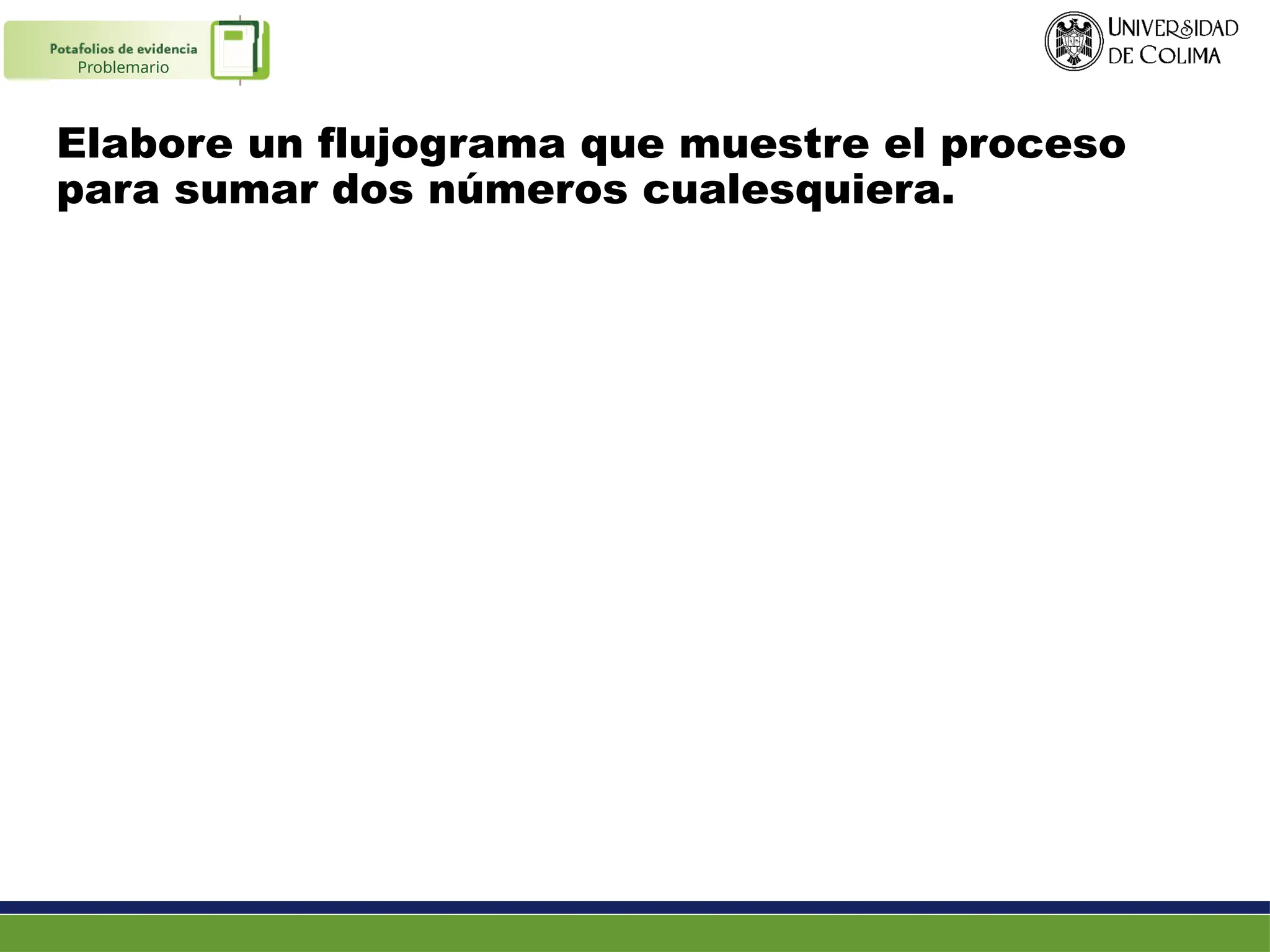 Elabore un flujograma que muestre el proceso
para sumar dos números cualesquiera.
Problemario
 