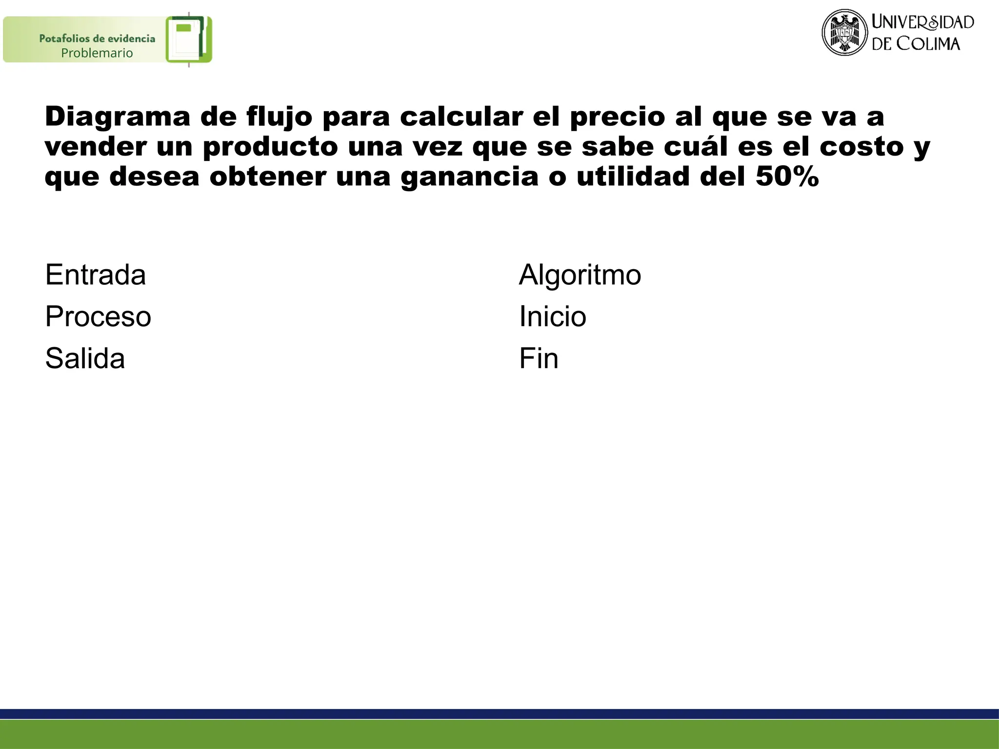 Diagrama de flujo para calcular el precio al que se va a
vender un producto una vez que se sabe cuál es el costo y
que desea obtener una ganancia o utilidad del 50%
Entrada
Proceso
Salida
Algoritmo
Inicio
Fin
Problemario
 
