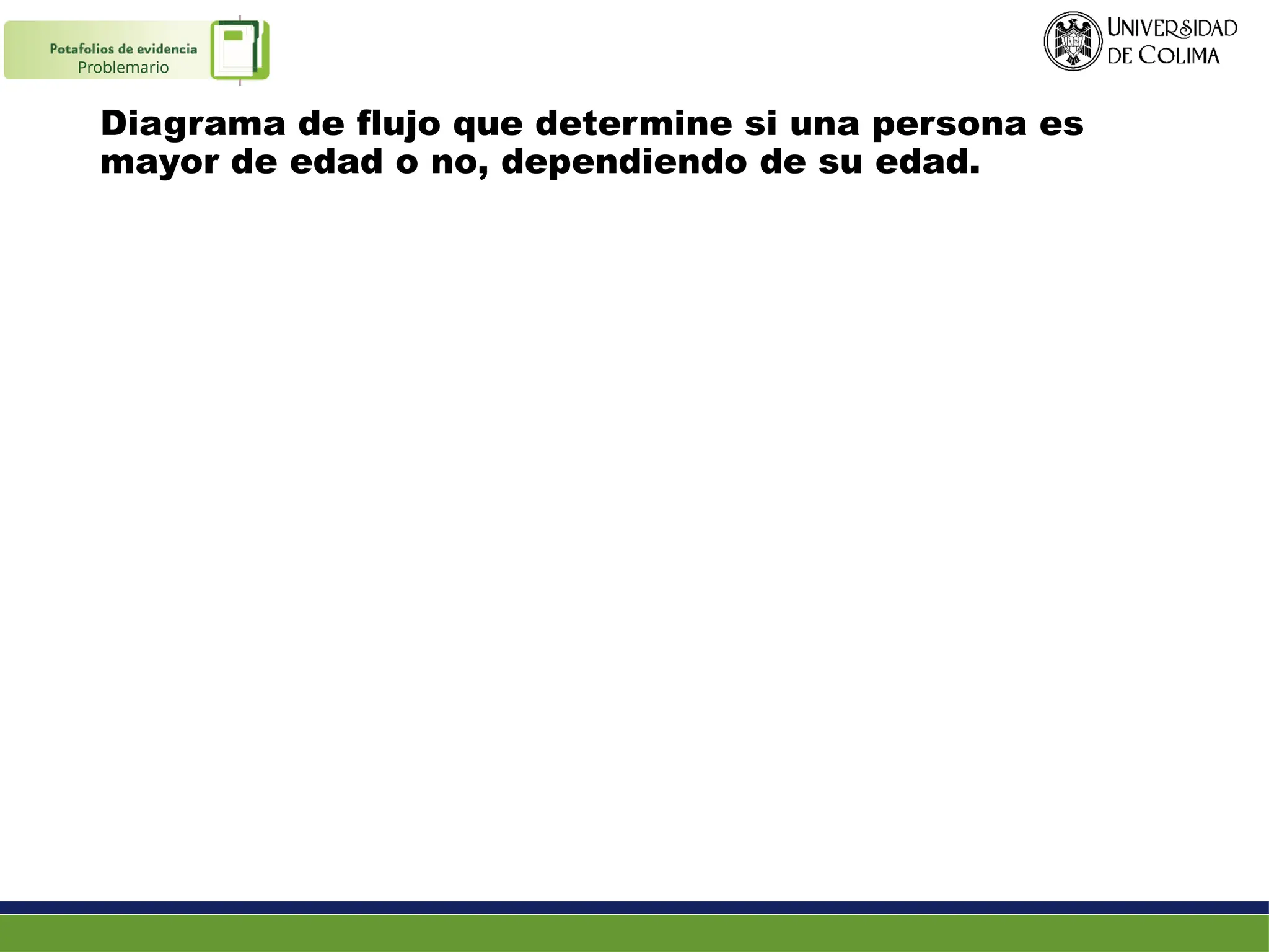 Diagrama de flujo que determine si una persona es
mayor de edad o no, dependiendo de su edad.
Problemario
 