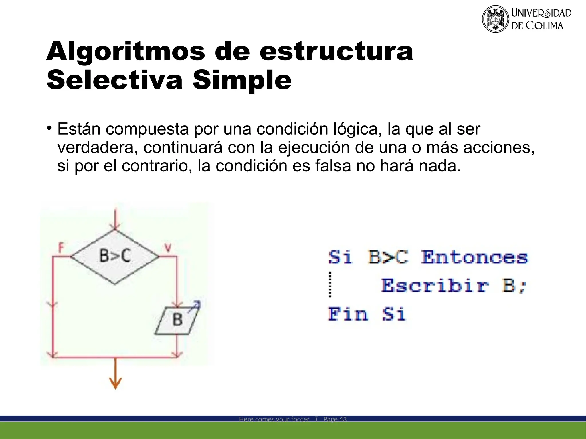 Algoritmos de estructura
Selectiva Simple
• Están compuesta por una condición lógica, la que al ser
verdadera, continuará con la ejecución de una o más acciones,
si por el contrario, la condición es falsa no hará nada.
Here comes your footer  Page 43
 