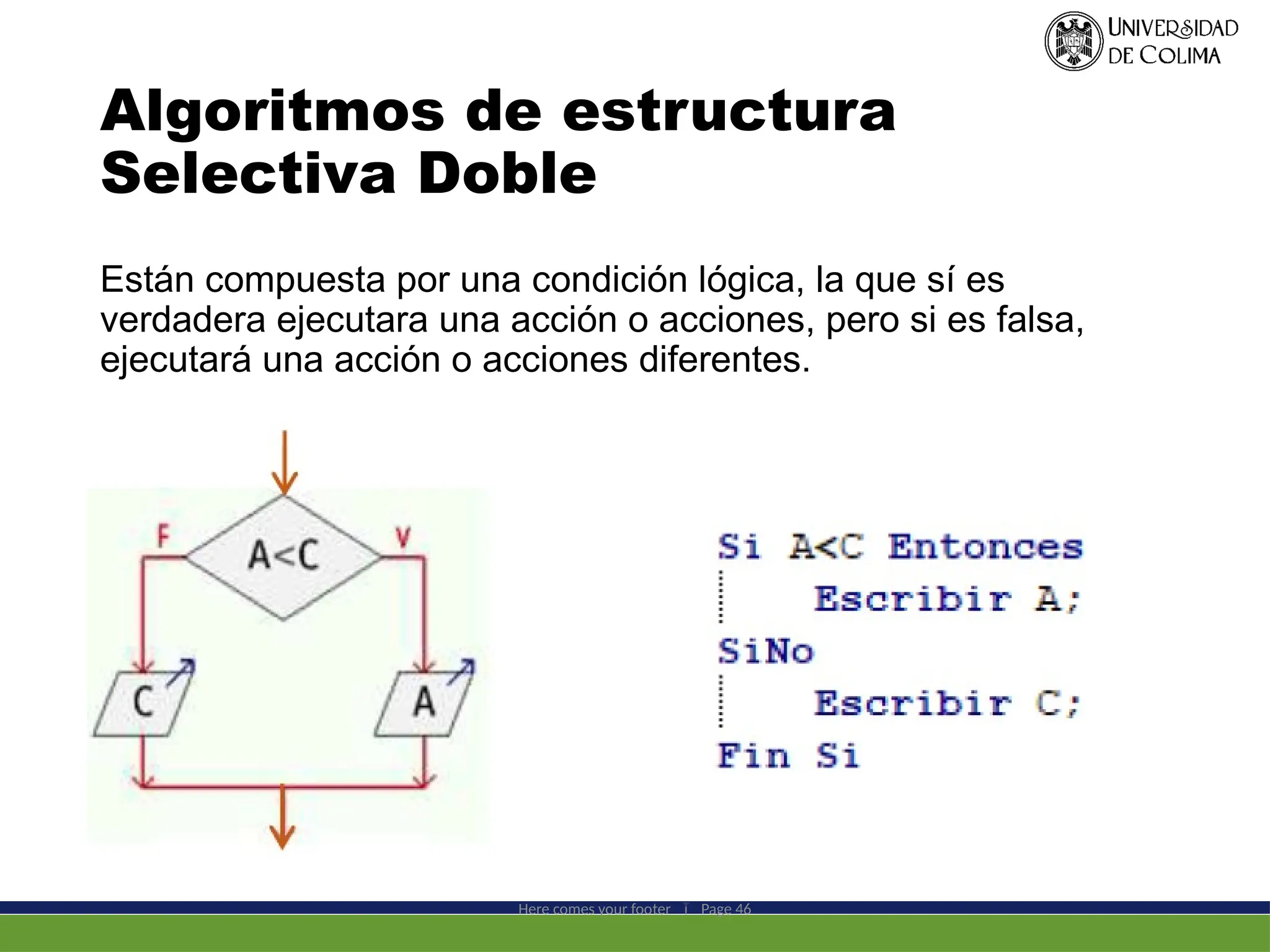 Algoritmos de estructura
Selectiva Doble
Están compuesta por una condición lógica, la que sí es
verdadera ejecutara una acción o acciones, pero si es falsa,
ejecutará una acción o acciones diferentes.
Here comes your footer  Page 46
 