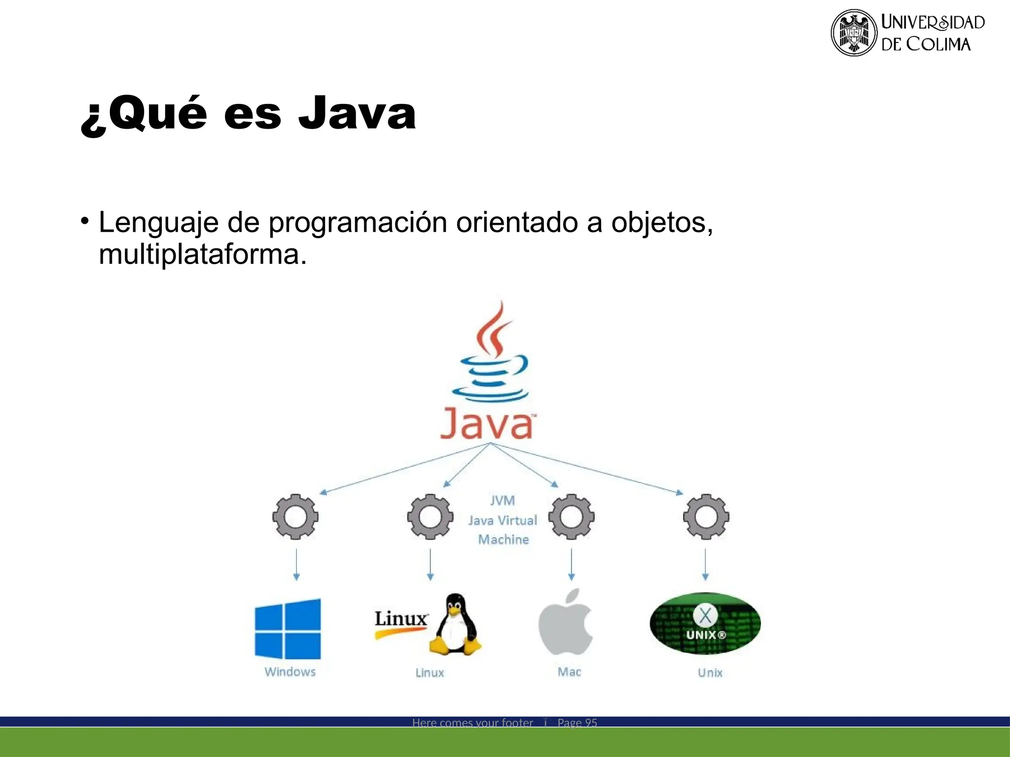 ¿Qué es Java
• Lenguaje de programación orientado a objetos,
multiplataforma.
Here comes your footer  Page 95
 