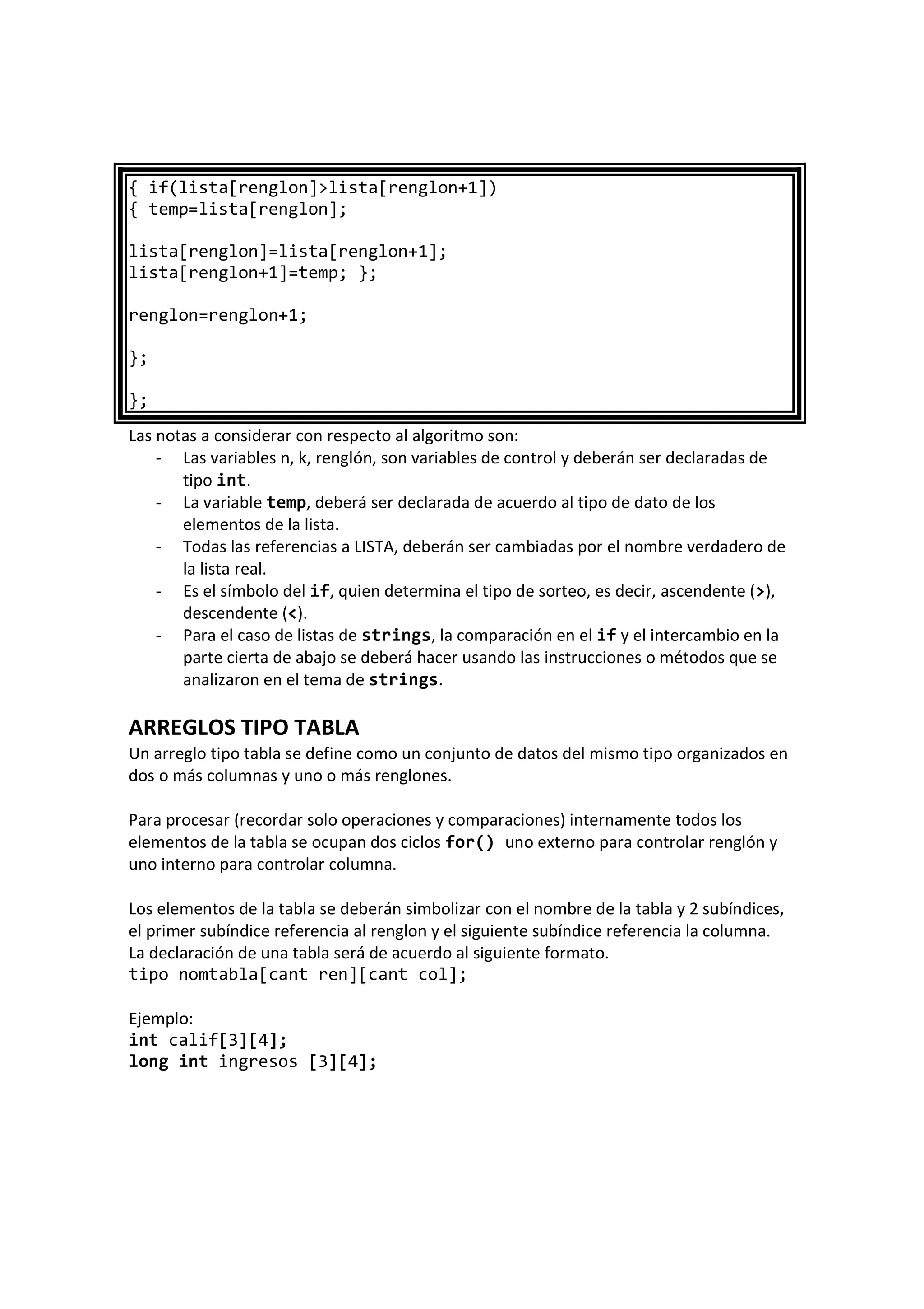 { if(lista[renglon]>lista[renglon+1])
{ temp=lista[renglon];
lista[renglon]=lista[renglon+1];
lista[renglon+1]=temp; };
renglon=renglon+1;
};
};
Las notas a considerar con respecto al algoritmo son:
- Las variables n, k, renglón, son variables de control y deberán ser declaradas de
tipo int.
- La variable temp, deberá ser declarada de acuerdo al tipo de dato de los
elementos de la lista.
- Todas las referencias a LISTA, deberán ser cambiadas por el nombre verdadero de
la lista real.
- Es el símbolo del if, quien determina el tipo de sorteo, es decir, ascendente (>),
descendente (<).
- Para el caso de listas de strings, la comparación en el if y el intercambio en la
parte cierta de abajo se deberá hacer usando las instrucciones o métodos que se
analizaron en el tema de strings.
ARREGLOS TIPO TABLA
Un arreglo tipo tabla se define como un conjunto de datos del mismo tipo organizados en
dos o más columnas y uno o más renglones.
Para procesar (recordar solo operaciones y comparaciones) internamente todos los
elementos de la tabla se ocupan dos ciclos for() uno externo para controlar renglón y
uno interno para controlar columna.
Los elementos de la tabla se deberán simbolizar con el nombre de la tabla y 2 subíndices,
el primer subíndice referencia al renglon y el siguiente subíndice referencia la columna.
La declaración de una tabla será de acuerdo al siguiente formato.
tipo nomtabla[cant ren][cant col];
Ejemplo:
int calif[3][4];
long int ingresos [3][4];
 