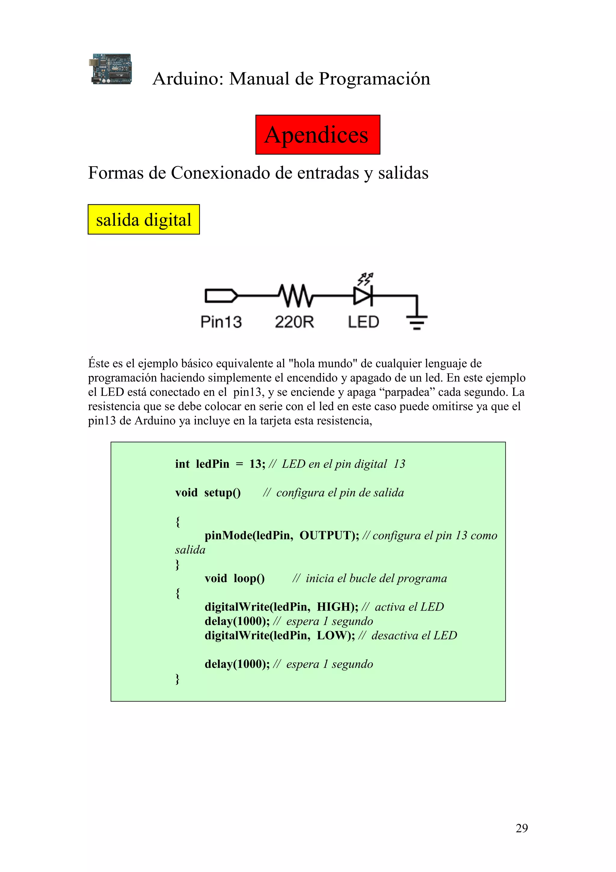 Arduino: Manual de Programación
29
Formas de Conexionado de entradas y salidas
Éste es el ejemplo básico equivalente al "hola mundo" de cualquier lenguaje de
programación haciendo simplemente el encendido y apagado de un led. En este ejemplo
el LED está conectado en el pin13, y se enciende y apaga “parpadea” cada segundo. La
resistencia que se debe colocar en serie con el led en este caso puede omitirse ya que el
pin13 de Arduino ya incluye en la tarjeta esta resistencia,
int ledPin = 13; // LED en el pin digital 13
void setup() // configura el pin de salida
{
pinMode(ledPin, OUTPUT); // configura el pin 13 como
salida
}
void loop() // inicia el bucle del programa
{
digitalWrite(ledPin, HIGH); // activa el LED
delay(1000); // espera 1 segundo
digitalWrite(ledPin, LOW); // desactiva el LED
delay(1000); // espera 1 segundo
}
Apendices
salida digital
 