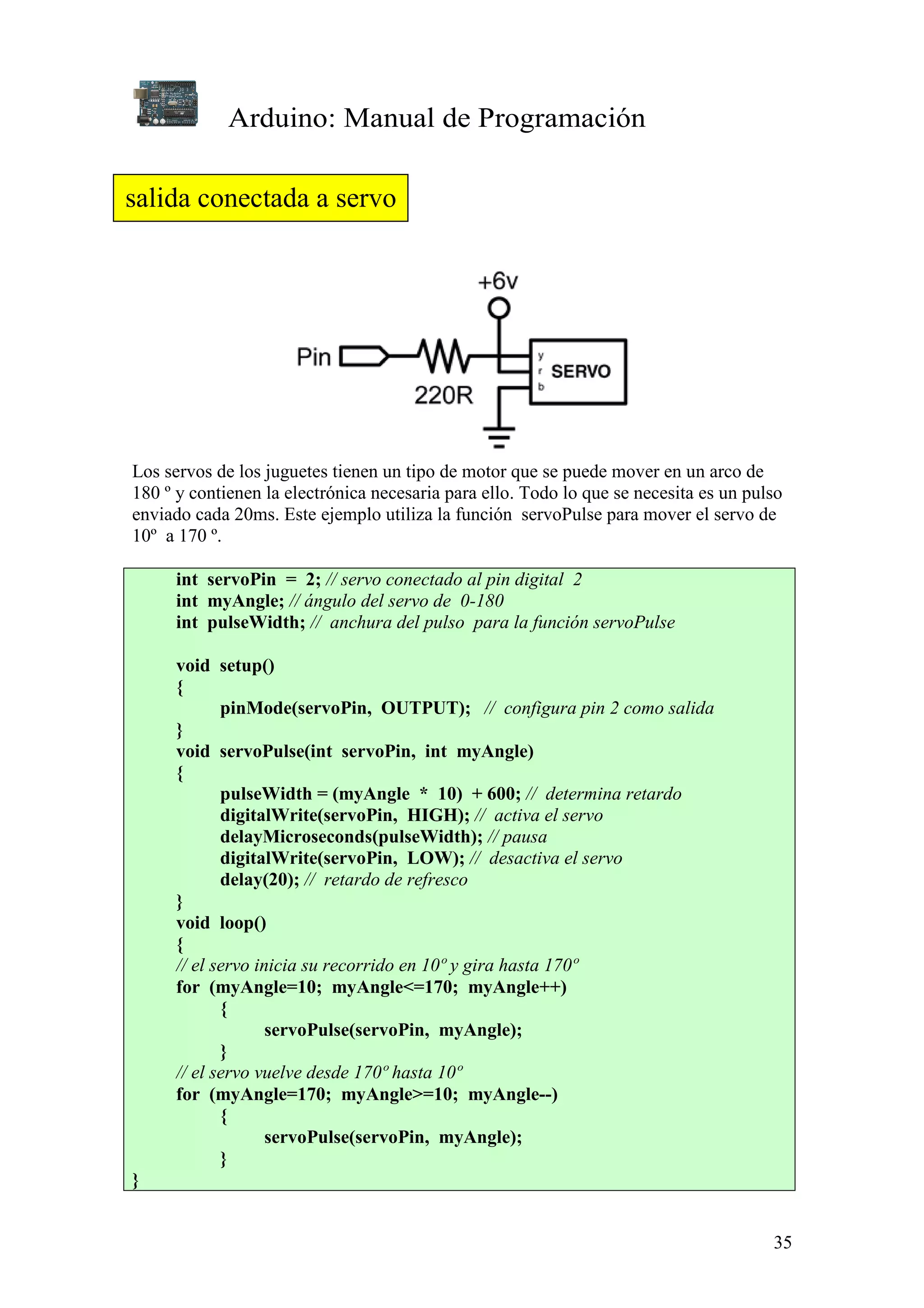 Arduino: Manual de Programación
35
Los servos de los juguetes tienen un tipo de motor que se puede mover en un arco de
180 º y contienen la electrónica necesaria para ello. Todo lo que se necesita es un pulso
enviado cada 20ms. Este ejemplo utiliza la función servoPulse para mover el servo de
10º a 170 º.
int servoPin = 2; // servo conectado al pin digital 2
int myAngle; // ángulo del servo de 0-180
int pulseWidth; // anchura del pulso para la función servoPulse
void setup()
{
pinMode(servoPin, OUTPUT); // configura pin 2 como salida
}
void servoPulse(int servoPin, int myAngle)
{
pulseWidth = (myAngle * 10) + 600; // determina retardo
digitalWrite(servoPin, HIGH); // activa el servo
delayMicroseconds(pulseWidth); // pausa
digitalWrite(servoPin, LOW); // desactiva el servo
delay(20); // retardo de refresco
}
void loop()
{
// el servo inicia su recorrido en 10º y gira hasta 170º
for (myAngle=10; myAngle<=170; myAngle++)
{
servoPulse(servoPin, myAngle);
}
// el servo vuelve desde 170º hasta 10º
for (myAngle=170; myAngle>=10; myAngle--)
{
servoPulse(servoPin, myAngle);
}
}
salida conectada a servo
 