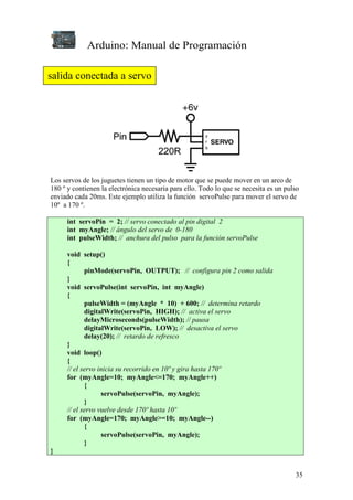 Arduino: Manual de Programación
35
Los servos de los juguetes tienen un tipo de motor que se puede mover en un arco de
180 º y contienen la electrónica necesaria para ello. Todo lo que se necesita es un pulso
enviado cada 20ms. Este ejemplo utiliza la función servoPulse para mover el servo de
10º a 170 º.
int servoPin = 2; // servo conectado al pin digital 2
int myAngle; // ángulo del servo de 0-180
int pulseWidth; // anchura del pulso para la función servoPulse
void setup()
{
pinMode(servoPin, OUTPUT); // configura pin 2 como salida
}
void servoPulse(int servoPin, int myAngle)
{
pulseWidth = (myAngle * 10) + 600; // determina retardo
digitalWrite(servoPin, HIGH); // activa el servo
delayMicroseconds(pulseWidth); // pausa
digitalWrite(servoPin, LOW); // desactiva el servo
delay(20); // retardo de refresco
}
void loop()
{
// el servo inicia su recorrido en 10º y gira hasta 170º
for (myAngle=10; myAngle<=170; myAngle++)
{
servoPulse(servoPin, myAngle);
}
// el servo vuelve desde 170º hasta 10º
for (myAngle=170; myAngle>=10; myAngle--)
{
servoPulse(servoPin, myAngle);
}
}
salida conectada a servo
 