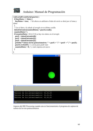 Arduino: Manual de Programación
60
void serialEvent(Serial puerto) {
if (hayDatos == false) {
hayDatos = true; // de ahora en adelante el dato de envío se dará por el toma y
dame
}
// Lee el dato y lo añade al arreglo en su última casilla
datosEntrantes[cuantosDatos] = puerto.read();
cuantosDatos++;
if (cuantosDatos > 2 ) { // Si ya hay tres datos en el arreglo
posX = datosEntrantes[0];
posY = datosEntrantes[1];
posZ = datosEntrantes[2];
println("Valores de los potenciometros: " + posX + "," + posY + "," + posZ);
puerto.write(65); // y envía para pedir más
cuantosDatos = 0; // y todo empieza de nuevo
}
}
Aspecto del IDE Processing cuando esta en funcionamiento el programa de captura de
valores de los tres potenciómetros.
 