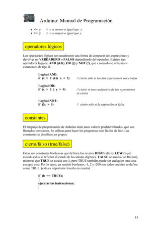 Arduino: Manual de Programación
15
x <= y // x es menor o igual que y
x >= y // x es mayor o igual que y
Los operadores lógicos son usualmente una forma de comparar dos expresiones y
devolver un VERDADERO o FALSO dependiendo del operador. Existen tres
operadores lógicos, AND (&&), OR (||) y NOT (!), que a menudo se utilizan en
estamentos de tipo if..:
Logical AND:
if (x > 0 && x < 5) // cierto sólo si las dos expresiones son ciertas
Logical OR:
if (x > 0 || y > 0) // cierto si una cualquiera de las expresiones
es cierta
Logical NOT:
if (!x > 0) // cierto solo si la expresión es falsa
El lenguaje de programación de Arduino tiene unos valores predeterminados, que son
llamados constantes. Se utilizan para hacer los programas más fáciles de leer. Las
constantes se clasifican en grupos.
Estas son constantes booleanas que definen los niveles HIGH (alto) y LOW (bajo)
cuando estos se refieren al estado de las salidas digitales. FALSE se asocia con 0 (cero),
mientras que TRUE se asocia con 1, pero TRUE también puede ser cualquier otra cosa
excepto cero. Por lo tanto, en sentido booleano, -1, 2 y -200 son todos también se define
como TRUE. (esto es importante tenerlo en cuanta)
if (b == TRUE);
{
ejecutar las instrucciones;
}
operadores lógicos
constantes
cierto/falso (true/false)
 