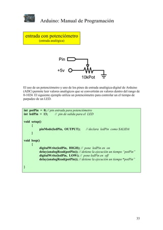 Arduino: Manual de Programación
33
El uso de un potenciómetro y uno de los pines de entrada analógica-digital de Arduino
(ADC) permite leer valores analógicos que se convertirán en valores dentro del rango de
0-1024. El siguiente ejemplo utiliza un potenciómetro para controlar un el tiempo de
parpadeo de un LED.
int potPin = 0; // pin entrada para potenciómetro
int ledPin = 13; // pin de salida para el LED
void setup()
{
pinMode(ledPin, OUTPUT); // declara ledPin como SALIDA
}
void loop()
{
digitalWrite(ledPin, HIGH); // pone ledPin en on
delay(analogRead(potPin)); // detiene la ejecución un tiempo “potPin”
digitalWrite(ledPin, LOW); // pone ledPin en off
delay(analogRead(potPin)); // detiene la ejecución un tiempo “potPin”
}
entrada con potenciómetro
(entrada analógica)
 
