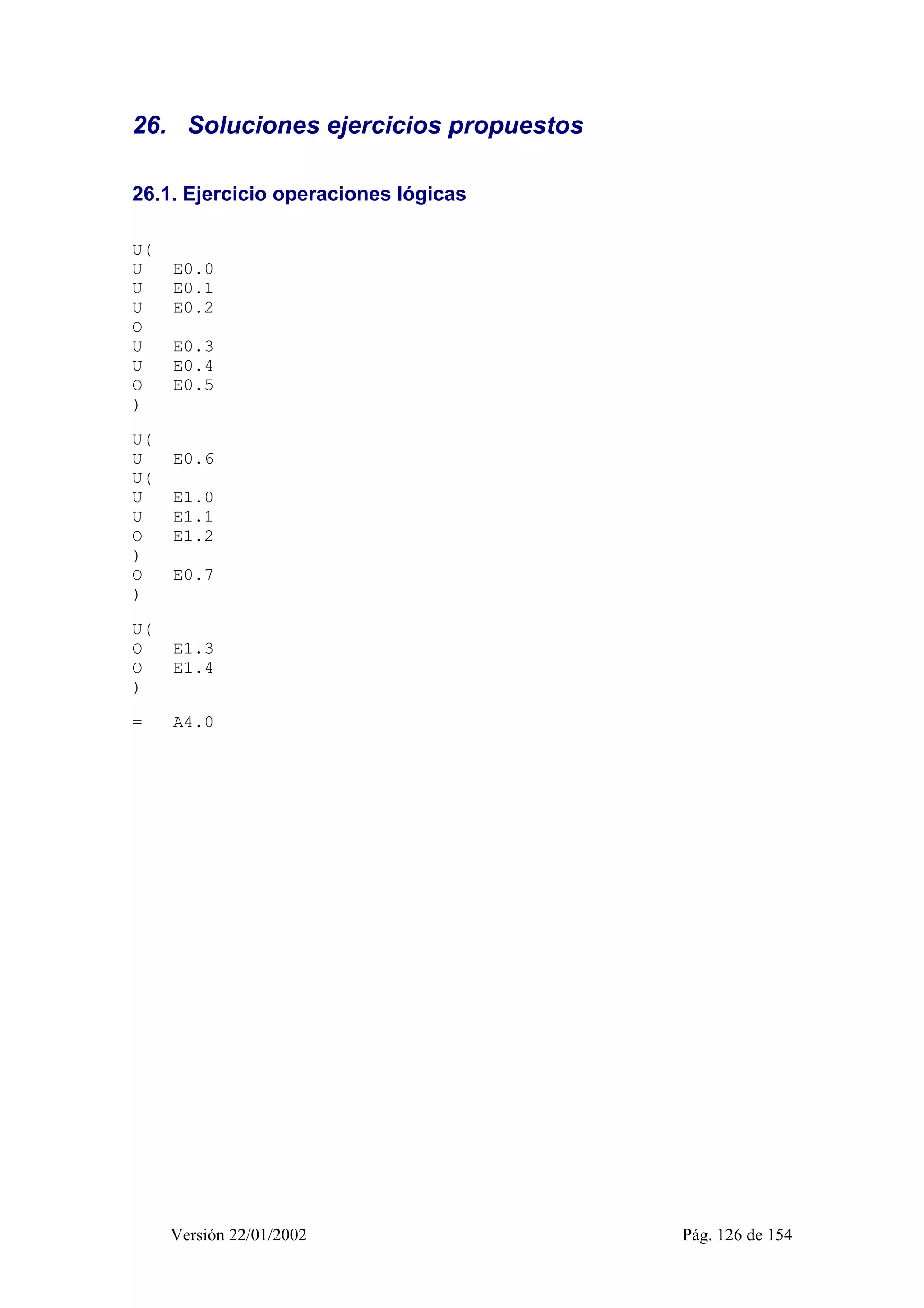 26. Soluciones ejercicios propuestos 
26.1. Ejercicio operaciones lógicas 
U( 
U E0.0 
U E0.1 
U E0.2 
O 
U E0.3 
U E0.4 
O E0.5 
) 
U( 
U E0.6 
U( 
U E1.0 
U E1.1 
O E1.2 
) 
O E0.7 
) 
U( 
O E1.3 
O E1.4 
) 
= A4.0 
Versión 22/01/2002 Pág. 126 de 154 
 