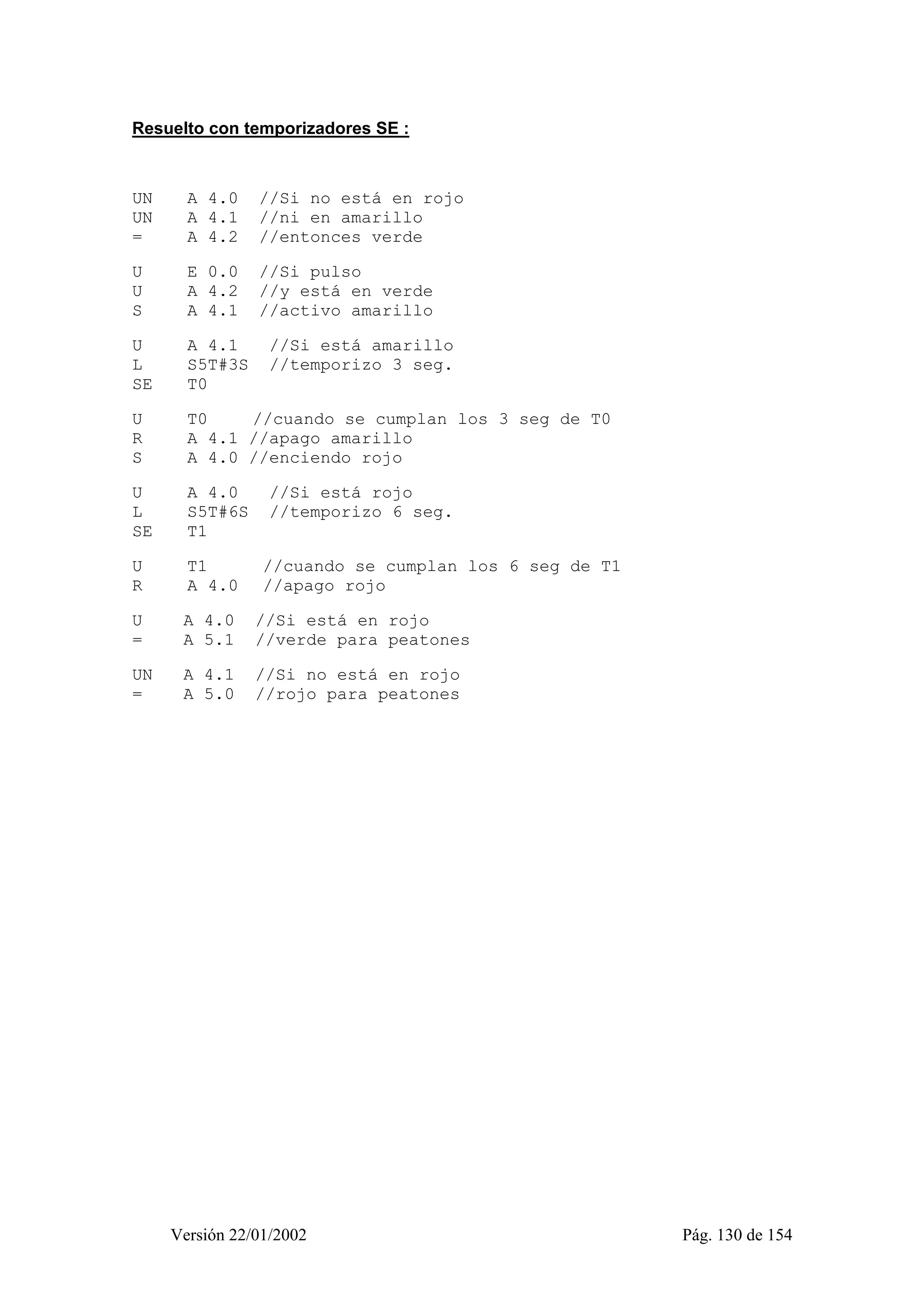 Resuelto con temporizadores SE : 
UN A 4.0 //Si no está en rojo 
UN A 4.1 //ni en amarillo 
= A 4.2 //entonces verde 
U E 0.0 //Si pulso 
U A 4.2 //y está en verde 
S A 4.1 //activo amarillo 
U A 4.1 //Si está amarillo 
L S5T#3S //temporizo 3 seg. 
SE T0 
U T0 //cuando se cumplan los 3 seg de T0 
R A 4.1 //apago amarillo 
S A 4.0 //enciendo rojo 
U A 4.0 //Si está rojo 
L S5T#6S //temporizo 6 seg. 
SE T1 
U T1 //cuando se cumplan los 6 seg de T1 
R A 4.0 //apago rojo 
U A 4.0 //Si está en rojo 
= A 5.1 //verde para peatones 
UN A 4.1 //Si no está en rojo 
= A 5.0 //rojo para peatones 
Versión 22/01/2002 Pág. 130 de 154 
 