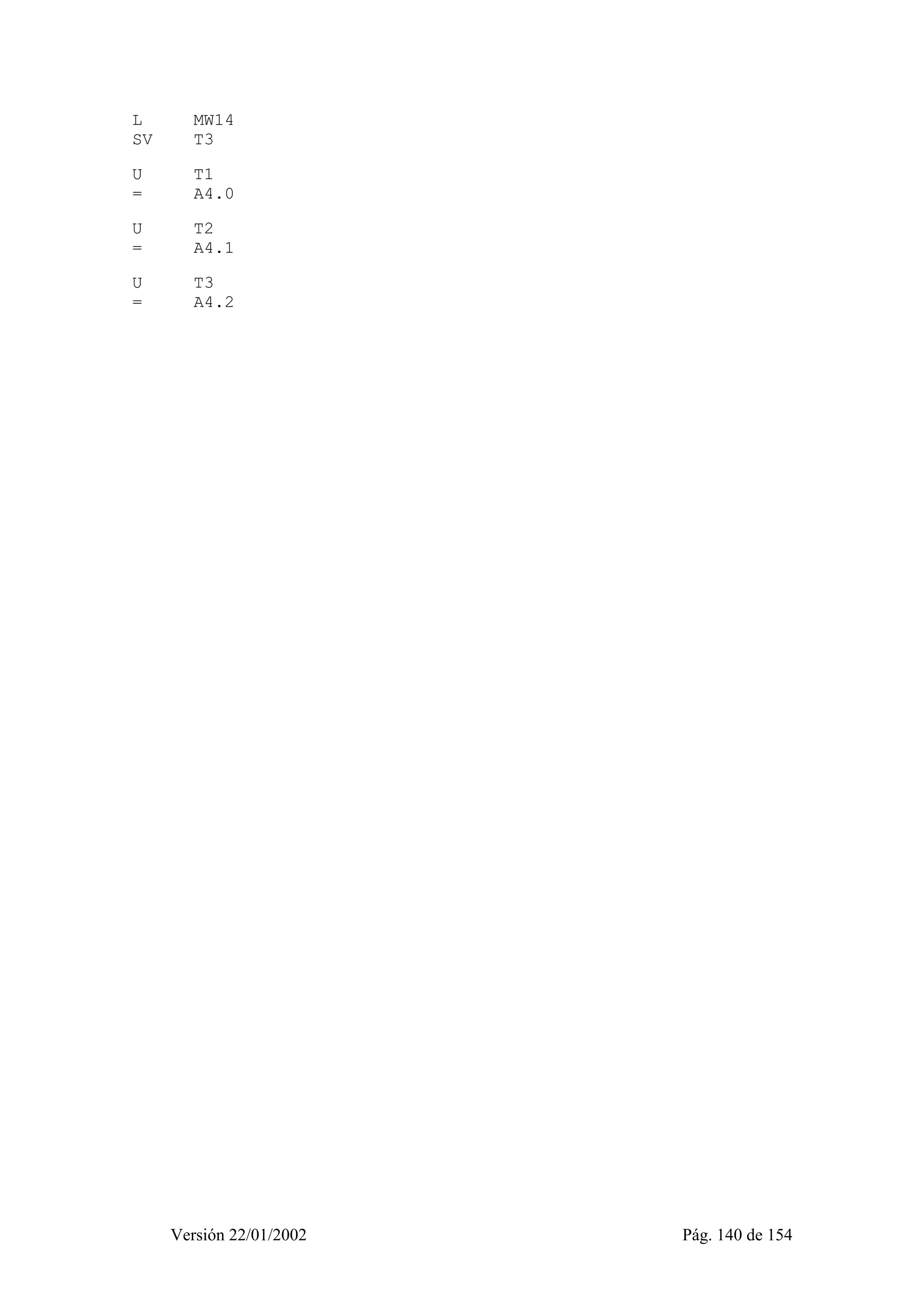 L MW14 
SV T3 
U T1 
= A4.0 
U T2 
= A4.1 
U T3 
= A4.2 
Versión 22/01/2002 Pág. 140 de 154 
 