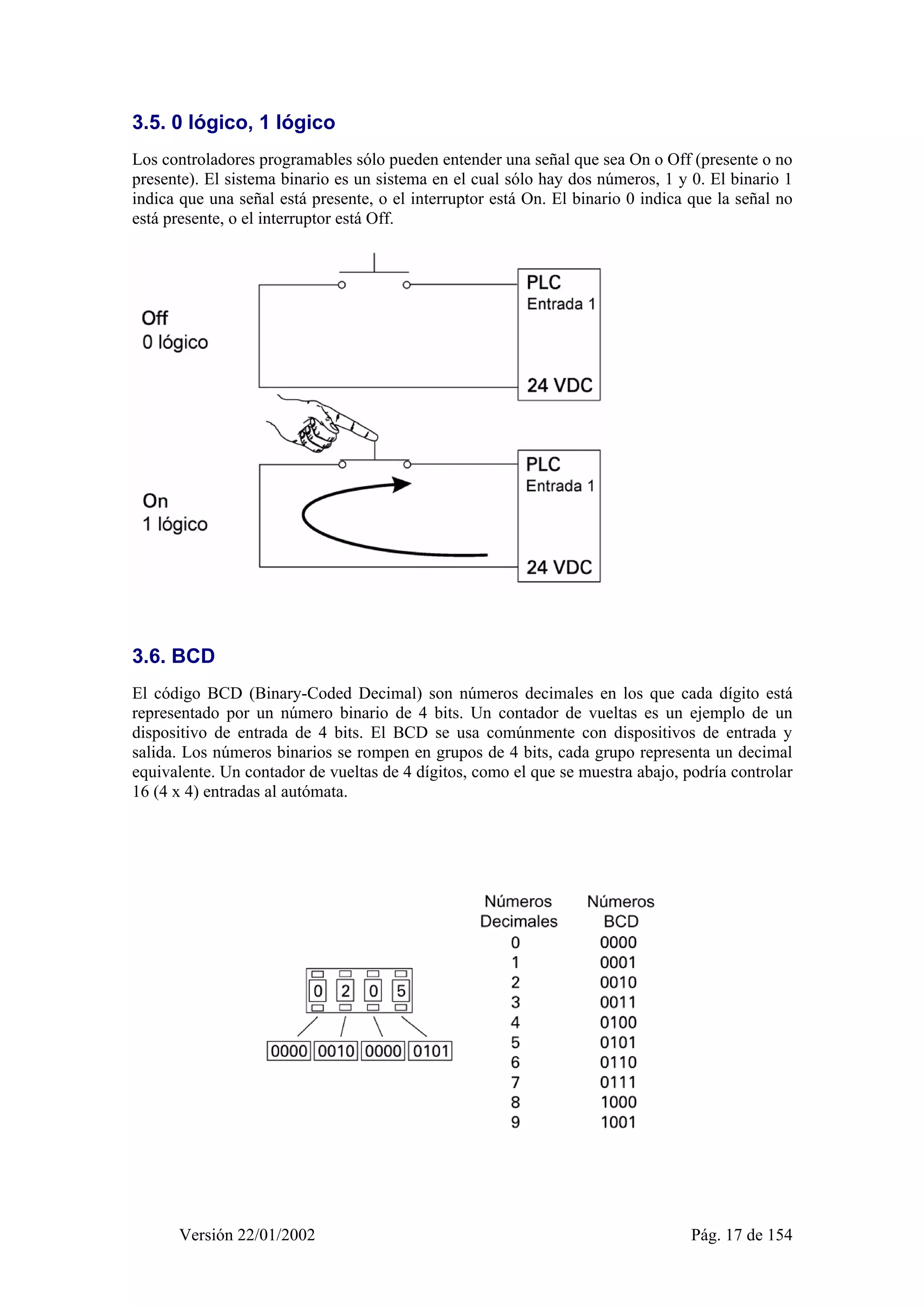 3.5. 0 lógico, 1 lógico 
Los controladores programables sólo pueden entender una señal que sea On o Off (presente o no 
presente). El sistema binario es un sistema en el cual sólo hay dos números, 1 y 0. El binario 1 
indica que una señal está presente, o el interruptor está On. El binario 0 indica que la señal no 
está presente, o el interruptor está Off. 
3.6. BCD 
El código BCD (Binary-Coded Decimal) son números decimales en los que cada dígito está 
representado por un número binario de 4 bits. Un contador de vueltas es un ejemplo de un 
dispositivo de entrada de 4 bits. El BCD se usa comúnmente con dispositivos de entrada y 
salida. Los números binarios se rompen en grupos de 4 bits, cada grupo representa un decimal 
equivalente. Un contador de vueltas de 4 dígitos, como el que se muestra abajo, podría controlar 
16 (4 x 4) entradas al autómata. 
Versión 22/01/2002 Pág. 17 de 154 
 