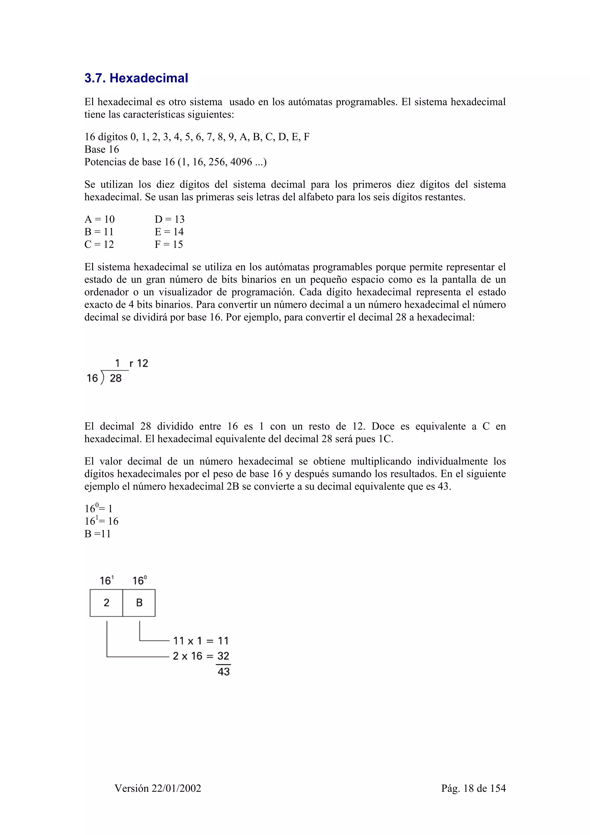 3.7. Hexadecimal 
El hexadecimal es otro sistema usado en los autómatas programables. El sistema hexadecimal 
tiene las características siguientes: 
16 dígitos 0, 1, 2, 3, 4, 5, 6, 7, 8, 9, A, B, C, D, E, F 
Base 16 
Potencias de base 16 (1, 16, 256, 4096 ...) 
Se utilizan los diez dígitos del sistema decimal para los primeros diez dígitos del sistema 
hexadecimal. Se usan las primeras seis letras del alfabeto para los seis dígitos restantes. 
A = 10 D = 13 
B = 11 E = 14 
C = 12 F = 15 
El sistema hexadecimal se utiliza en los autómatas programables porque permite representar el 
estado de un gran número de bits binarios en un pequeño espacio como es la pantalla de un 
ordenador o un visualizador de programación. Cada dígito hexadecimal representa el estado 
exacto de 4 bits binarios. Para convertir un número decimal a un número hexadecimal el número 
decimal se dividirá por base 16. Por ejemplo, para convertir el decimal 28 a hexadecimal: 
El decimal 28 dividido entre 16 es 1 con un resto de 12. Doce es equivalente a C en 
hexadecimal. El hexadecimal equivalente del decimal 28 será pues 1C. 
El valor decimal de un número hexadecimal se obtiene multiplicando individualmente los 
dígitos hexadecimales por el peso de base 16 y después sumando los resultados. En el siguiente 
ejemplo el número hexadecimal 2B se convierte a su decimal equivalente que es 43. 
160= 1 
161= 16 
B =11 
Versión 22/01/2002 Pág. 18 de 154 
 