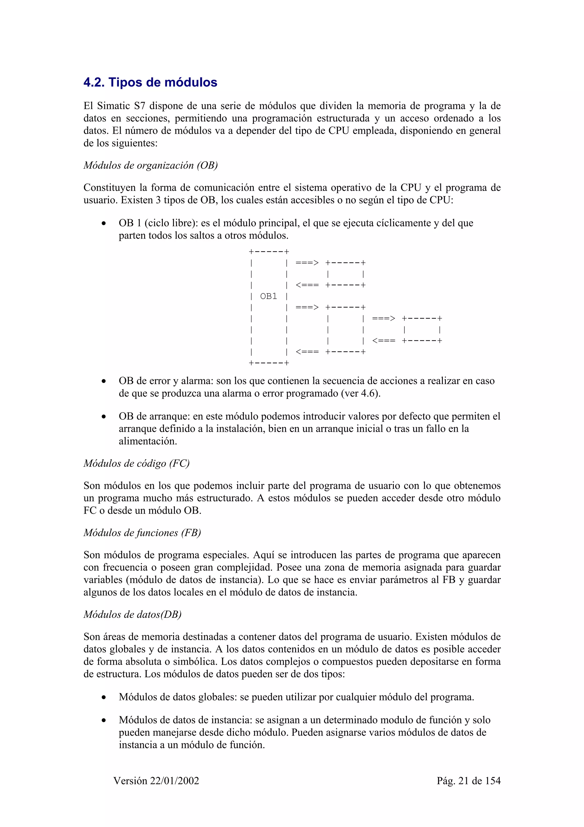 4.2. Tipos de módulos 
El Simatic S7 dispone de una serie de módulos que dividen la memoria de programa y la de 
datos en secciones, permitiendo una programación estructurada y un acceso ordenado a los 
datos. El número de módulos va a depender del tipo de CPU empleada, disponiendo en general 
de los siguientes: 
Módulos de organización (OB) 
Constituyen la forma de comunicación entre el sistema operativo de la CPU y el programa de 
usuario. Existen 3 tipos de OB, los cuales están accesibles o no según el tipo de CPU: 
• OB 1 (ciclo libre): es el módulo principal, el que se ejecuta cíclicamente y del que 
parten todos los saltos a otros módulos. 
+-----+ 
| | ===> +-----+ 
| | | | 
| | <=== +-----+ 
| OB1 | 
| | ===> +-----+ 
| | | | ===> +-----+ 
| | | | | | 
| | | | <=== +-----+ 
| | <=== +-----+ 
+-----+ 
• OB de error y alarma: son los que contienen la secuencia de acciones a realizar en caso 
de que se produzca una alarma o error programado (ver 4.6). 
• OB de arranque: en este módulo podemos introducir valores por defecto que permiten el 
arranque definido a la instalación, bien en un arranque inicial o tras un fallo en la 
alimentación. 
Módulos de código (FC) 
Son módulos en los que podemos incluir parte del programa de usuario con lo que obtenemos 
un programa mucho más estructurado. A estos módulos se pueden acceder desde otro módulo 
FC o desde un módulo OB. 
Módulos de funciones (FB) 
Son módulos de programa especiales. Aquí se introducen las partes de programa que aparecen 
con frecuencia o poseen gran complejidad. Posee una zona de memoria asignada para guardar 
variables (módulo de datos de instancia). Lo que se hace es enviar parámetros al FB y guardar 
algunos de los datos locales en el módulo de datos de instancia. 
Módulos de datos(DB) 
Son áreas de memoria destinadas a contener datos del programa de usuario. Existen módulos de 
datos globales y de instancia. A los datos contenidos en un módulo de datos es posible acceder 
de forma absoluta o simbólica. Los datos complejos o compuestos pueden depositarse en forma 
de estructura. Los módulos de datos pueden ser de dos tipos: 
• Módulos de datos globales: se pueden utilizar por cualquier módulo del programa. 
• Módulos de datos de instancia: se asignan a un determinado modulo de función y solo 
pueden manejarse desde dicho módulo. Pueden asignarse varios módulos de datos de 
instancia a un módulo de función. 
Versión 22/01/2002 Pág. 21 de 154 
 