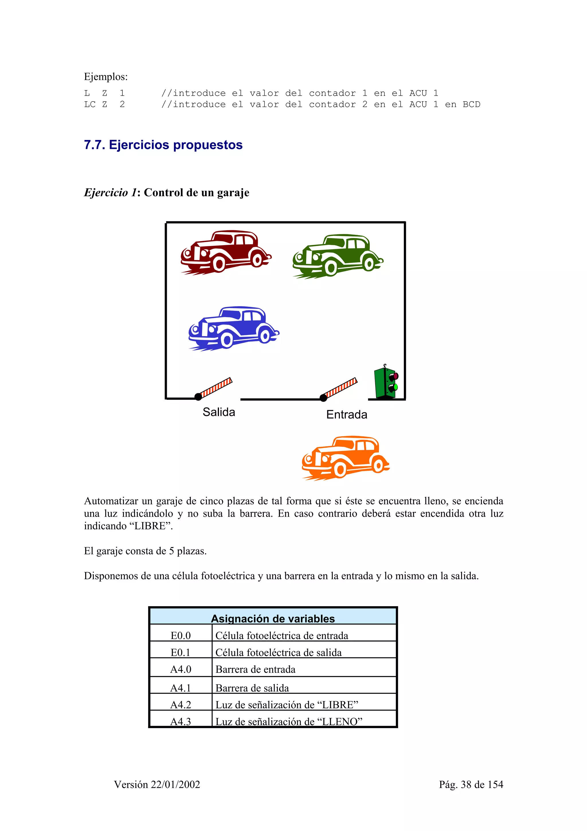 Ejemplos: 
L Z 1 //introduce el valor del contador 1 en el ACU 1 
LC Z 2 //introduce el valor del contador 2 en el ACU 1 en BCD 
7.7. Ejercicios propuestos 
Ejercicio 1: Control de un garaje 
Salida Entrada 
Automatizar un garaje de cinco plazas de tal forma que si éste se encuentra lleno, se encienda 
una luz indicándolo y no suba la barrera. En caso contrario deberá estar encendida otra luz 
indicando “LIBRE”. 
El garaje consta de 5 plazas. 
Disponemos de una célula fotoeléctrica y una barrera en la entrada y lo mismo en la salida. 
Asignación de variables 
E0.0 Célula fotoeléctrica de entrada 
E0.1 Célula fotoeléctrica de salida 
A4.0 Barrera de entrada 
A4.1 Barrera de salida 
A4.2 Luz de señalización de “LIBRE” 
A4.3 Luz de señalización de “LLENO” 
Versión 22/01/2002 Pág. 38 de 154 
 