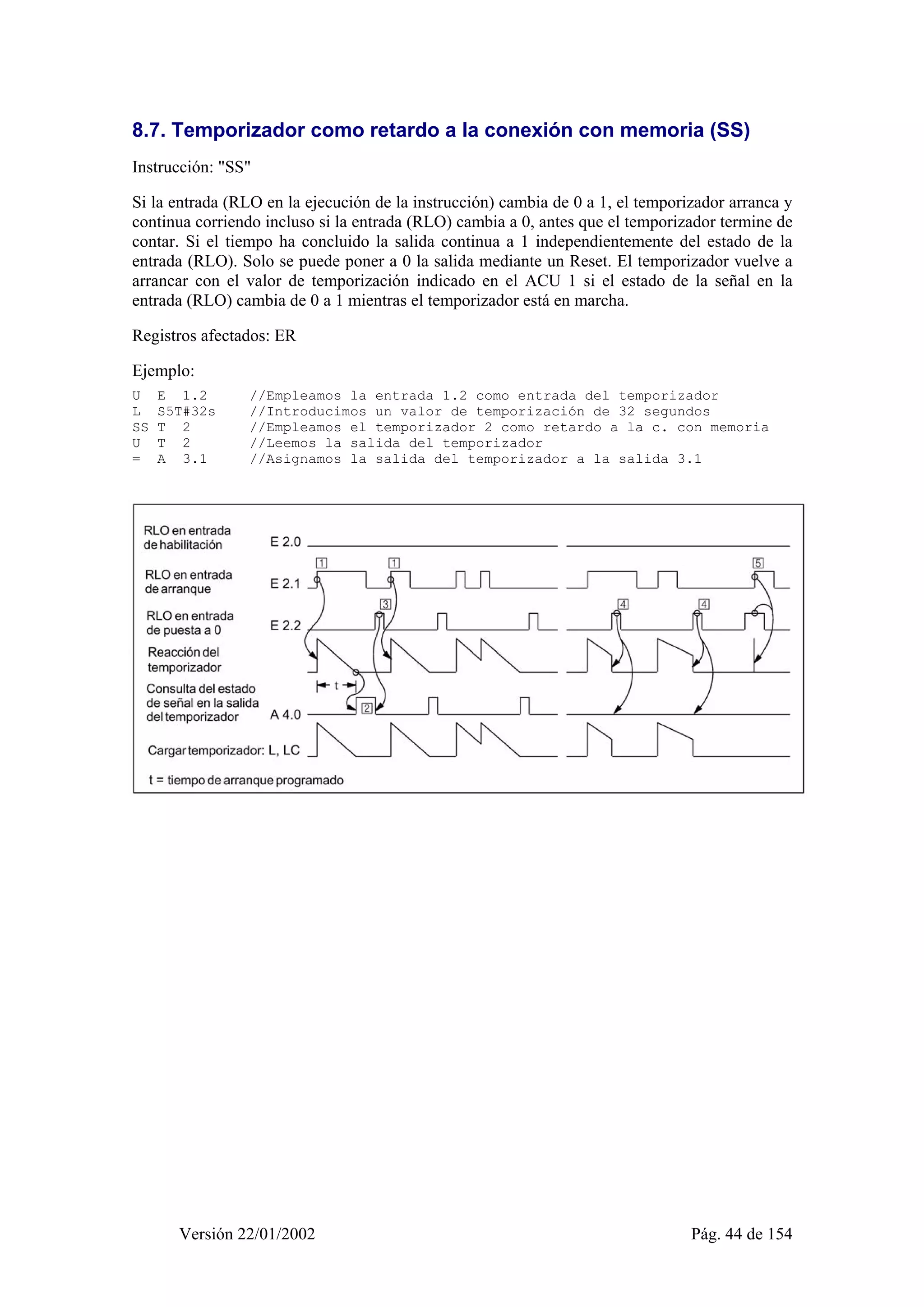8.7. Temporizador como retardo a la conexión con memoria (SS) 
Instrucción: "SS" 
Si la entrada (RLO en la ejecución de la instrucción) cambia de 0 a 1, el temporizador arranca y 
continua corriendo incluso si la entrada (RLO) cambia a 0, antes que el temporizador termine de 
contar. Si el tiempo ha concluido la salida continua a 1 independientemente del estado de la 
entrada (RLO). Solo se puede poner a 0 la salida mediante un Reset. El temporizador vuelve a 
arrancar con el valor de temporización indicado en el ACU 1 si el estado de la señal en la 
entrada (RLO) cambia de 0 a 1 mientras el temporizador está en marcha. 
Registros afectados: ER 
Ejemplo: 
U E 1.2 //Empleamos la entrada 1.2 como entrada del temporizador 
L S5T#32s //Introducimos un valor de temporización de 32 segundos 
SS T 2 //Empleamos el temporizador 2 como retardo a la c. con memoria 
U T 2 //Leemos la salida del temporizador 
= A 3.1 //Asignamos la salida del temporizador a la salida 3.1 
Versión 22/01/2002 Pág. 44 de 154 
 