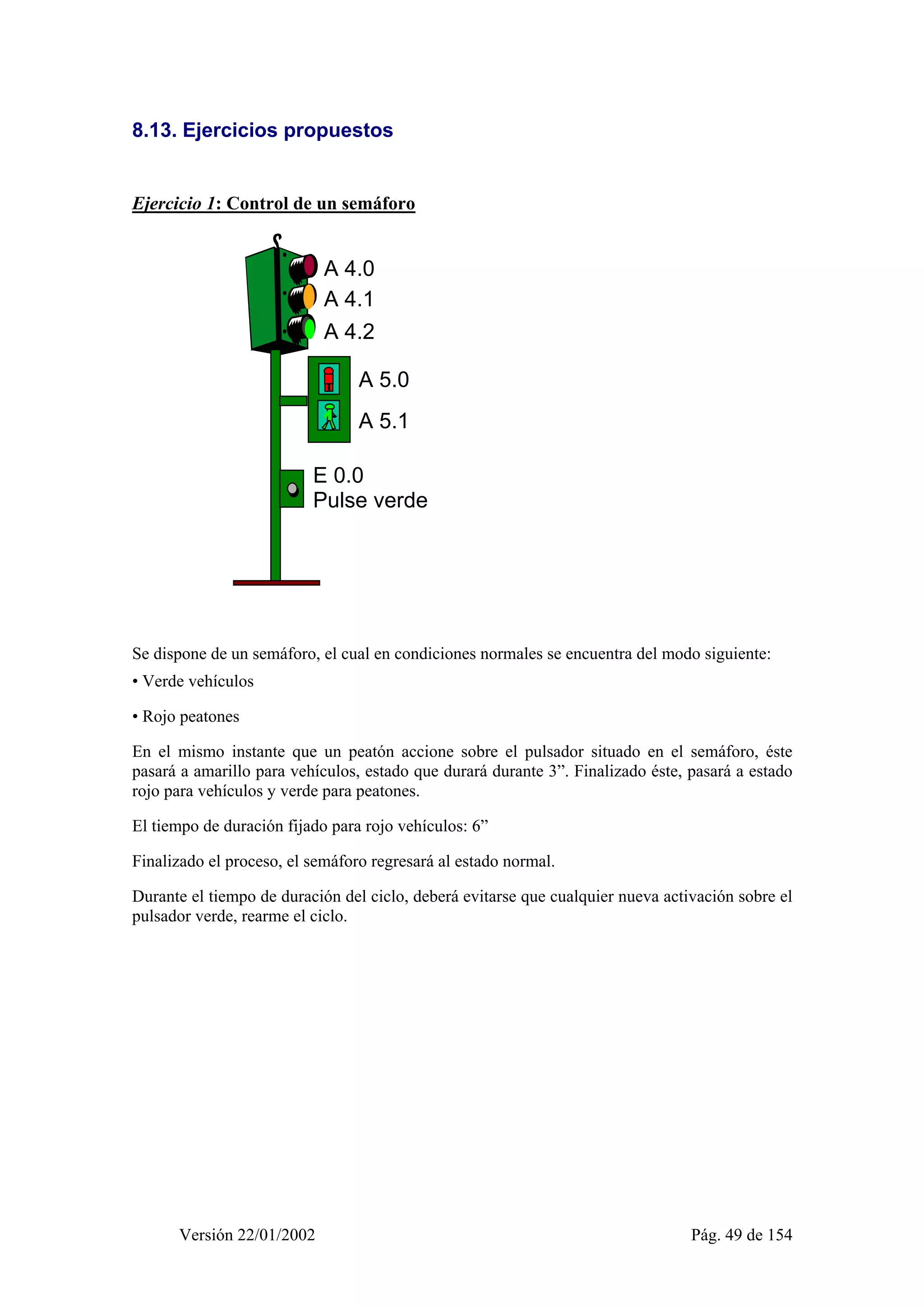 8.13. Ejercicios propuestos 
Ejercicio 1: Control de un semáforo 
A 4.0 
A 4.1 
A 4.2 
A 5.0 
A 5.1 
E 0.0 
Pulse verde 
Se dispone de un semáforo, el cual en condiciones normales se encuentra del modo siguiente: 
• Verde vehículos 
• Rojo peatones 
En el mismo instante que un peatón accione sobre el pulsador situado en el semáforo, éste 
pasará a amarillo para vehículos, estado que durará durante 3”. Finalizado éste, pasará a estado 
rojo para vehículos y verde para peatones. 
El tiempo de duración fijado para rojo vehículos: 6” 
Finalizado el proceso, el semáforo regresará al estado normal. 
Durante el tiempo de duración del ciclo, deberá evitarse que cualquier nueva activación sobre el 
pulsador verde, rearme el ciclo. 
Versión 22/01/2002 Pág. 49 de 154 
 