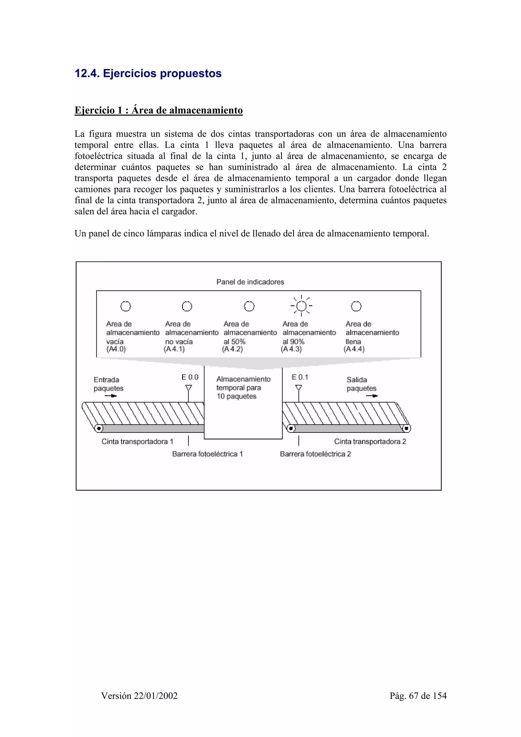 12.4. Ejercicios propuestos 
Ejercicio 1 : Área de almacenamiento 
La figura muestra un sistema de dos cintas transportadoras con un área de almacenamiento 
temporal entre ellas. La cinta 1 lleva paquetes al área de almacenamiento. Una barrera 
fotoeléctrica situada al final de la cinta 1, junto al área de almacenamiento, se encarga de 
determinar cuántos paquetes se han suministrado al área de almacenamiento. La cinta 2 
transporta paquetes desde el área de almacenamiento temporal a un cargador donde llegan 
camiones para recoger los paquetes y suministrarlos a los clientes. Una barrera fotoeléctrica al 
final de la cinta transportadora 2, junto al área de almacenamiento, determina cuántos paquetes 
salen del área hacia el cargador. 
Un panel de cinco lámparas indica el nivel de llenado del área de almacenamiento temporal. 
Versión 22/01/2002 Pág. 67 de 154 
 