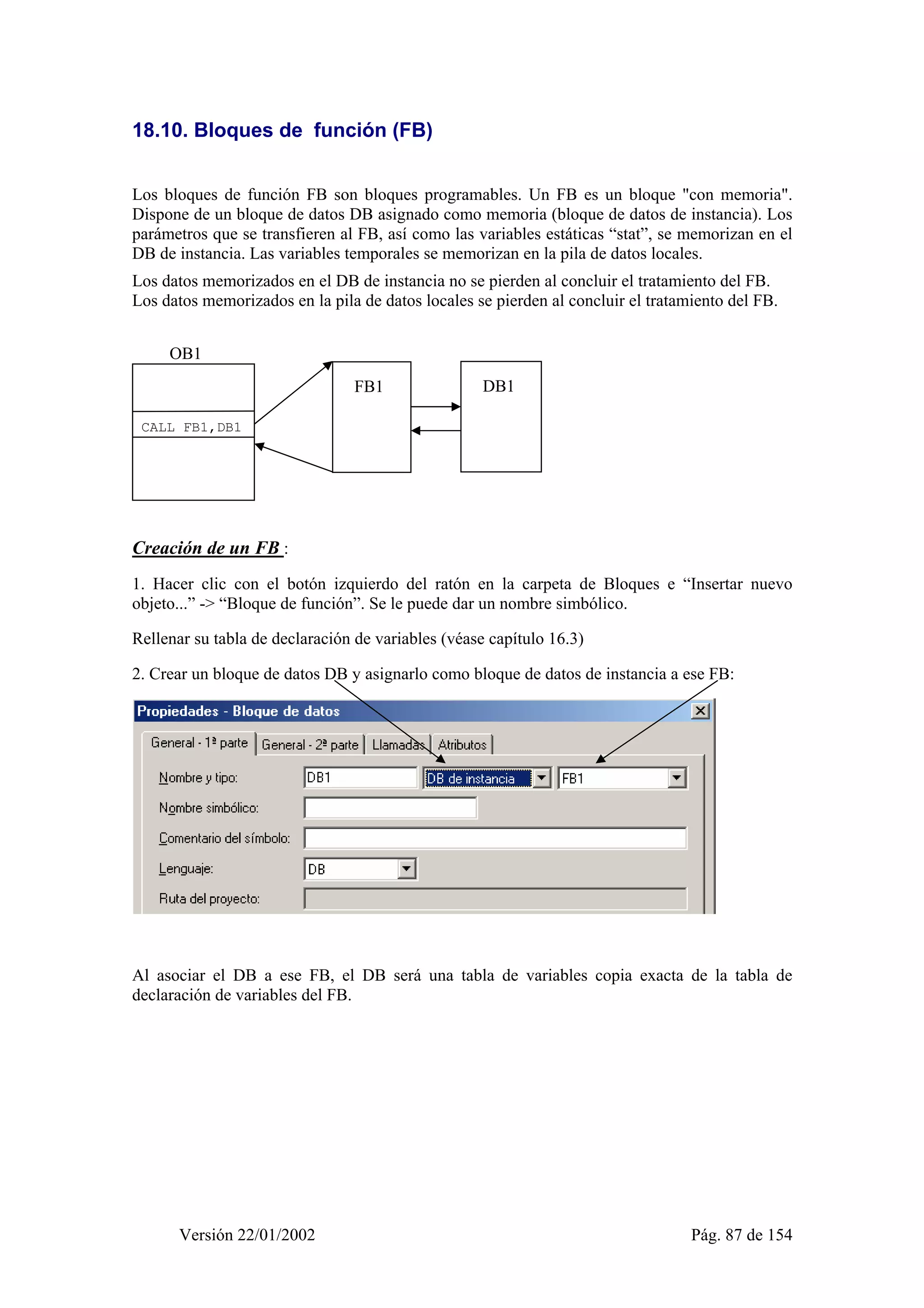 18.10. Bloques de función (FB) 
Los bloques de función FB son bloques programables. Un FB es un bloque "con memoria". 
Dispone de un bloque de datos DB asignado como memoria (bloque de datos de instancia). Los 
parámetros que se transfieren al FB, así como las variables estáticas “stat”, se memorizan en el 
DB de instancia. Las variables temporales se memorizan en la pila de datos locales. 
Los datos memorizados en el DB de instancia no se pierden al concluir el tratamiento del FB. 
Los datos memorizados en la pila de datos locales se pierden al concluir el tratamiento del FB. 
OB1 
FB1 DB1 
CALL FB1,DB1 
Creación de un FB : 
1. Hacer clic con el botón izquierdo del ratón en la carpeta de Bloques e “Insertar nuevo 
objeto...” -> “Bloque de función”. Se le puede dar un nombre simbólico. 
Rellenar su tabla de declaración de variables (véase capítulo 16.3) 
2. Crear un bloque de datos DB y asignarlo como bloque de datos de instancia a ese FB: 
Al asociar el DB a ese FB, el DB será una tabla de variables copia exacta de la tabla de 
declaración de variables del FB. 
Versión 22/01/2002 Pág. 87 de 154 
 