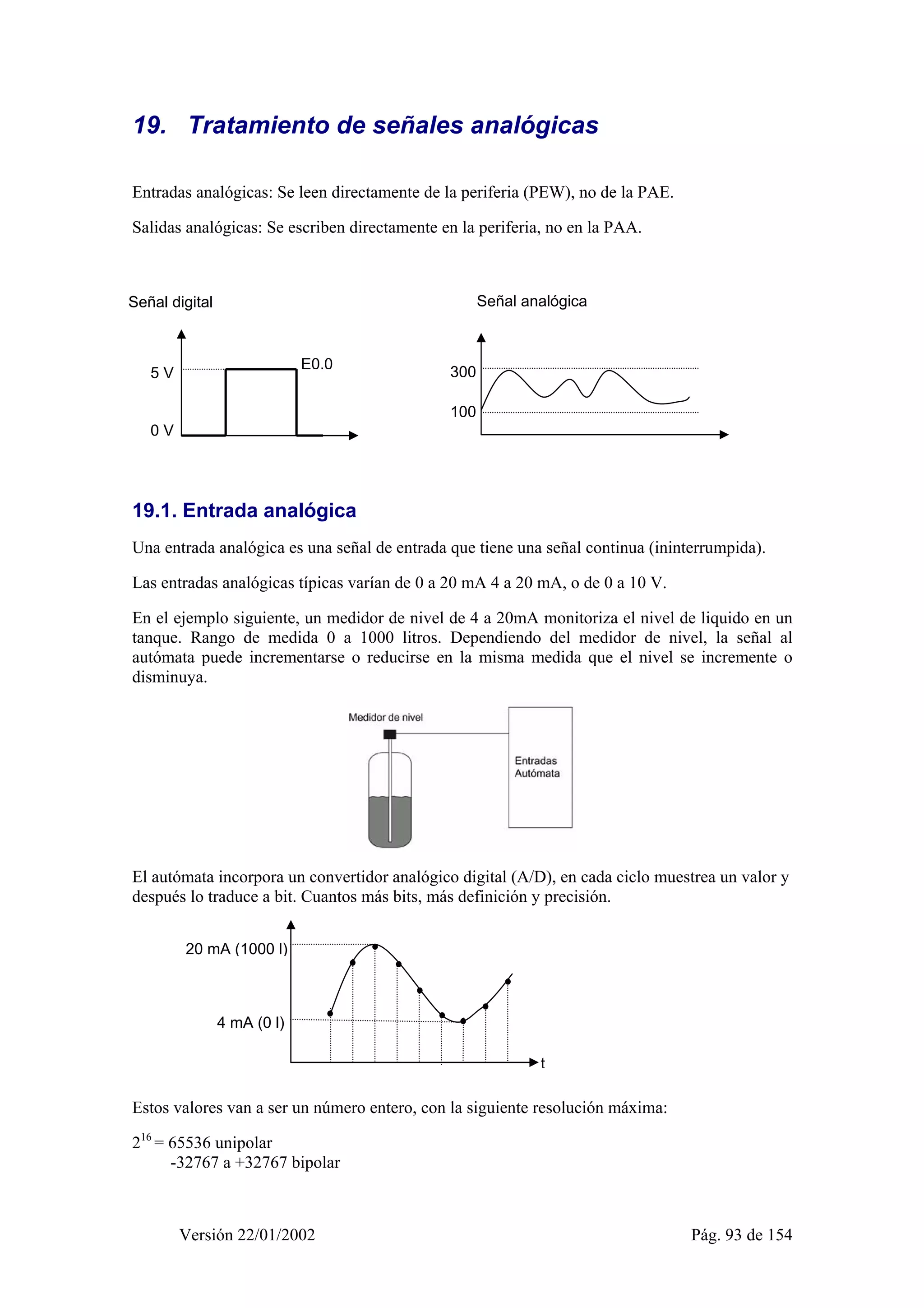 19. Tratamiento de señales analógicas 
Entradas analógicas: Se leen directamente de la periferia (PEW), no de la PAE. 
Salidas analógicas: Se escriben directamente en la periferia, no en la PAA. 
Señal digital 
19.1. Entrada analógica 
Una entrada analógica es una señal de entrada que tiene una señal continua (ininterrumpida). 
Las entradas analógicas típicas varían de 0 a 20 mA 4 a 20 mA, o de 0 a 10 V. 
En el ejemplo siguiente, un medidor de nivel de 4 a 20mA monitoriza el nivel de liquido en un 
tanque. Rango de medida 0 a 1000 litros. Dependiendo del medidor de nivel, la señal al 
autómata puede incrementarse o reducirse en la misma medida que el nivel se incremente o 
disminuya. 
El autómata incorpora un convertidor analógico digital (A/D), en cada ciclo muestrea un valor y 
después lo traduce a bit. Cuantos más bits, más definición y precisión. 
Estos valores van a ser un número entero, con la siguiente resolución máxima: 
216 = 65536 unipolar 
-32767 a +32767 bipolar 
Versión 22/01/2002 Pág. 93 de 154 
5 V 
0 V 
E0.0 300 
100 
Señal analógica 
20 mA (1000 l) 
4 mA (0 l) 
t 
 