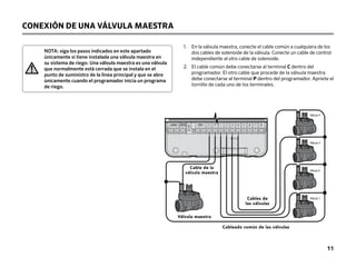CONEXIÓN DE UNA VÁLVULA MAESTRA
NOTA: siga los pasos indicados en este apartado
únicamente si tiene instalada una válvula maestra en
su sistema de riego. Una válvula maestra es una válvula
que normalmente está cerrada que se instala en el
punto de suministro de la línea principal y que se abre
únicamente cuando el programador inicia un programa
de riego.
1. 
En la válvula maestra, conecte el cable común a cualquiera de los
dos cables de solenoide de la válvula. Conecte un cable de control
independiente al otro cable de solenoide.
2.	
El cable común debe conectarse al terminal C dentro del
programador. El otro cable que procede de la válvula maestra
debe conectarse al terminal P dentro del programador. Apriete el
tornillo de cada uno de los terminales.
SEN C P 1 2 3 4 5 6 7 8
24VAC BAT
Válvula maestra
Válvula 2
Válvula 1
Válvula 3
Válvula 4
Cable de la
válvula maestra
Cableado común de las válvulas
Cables de
las válvulas
11
 