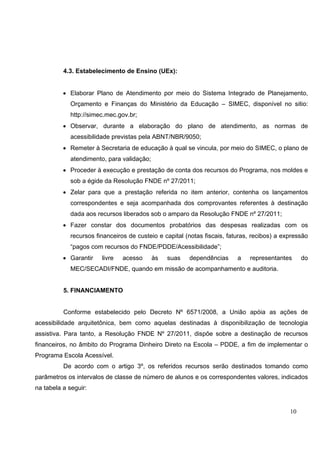 10
4.3. Estabelecimento de Ensino (UEx):
• Elaborar Plano de Atendimento por meio do Sistema Integrado de Planejamento,
Orçamento e Finanças do Ministério da Educação – SIMEC, disponível no sitio:
http://simec.mec.gov.br;
• Observar, durante a elaboração do plano de atendimento, as normas de
acessibilidade previstas pela ABNT/NBR/9050;
• Remeter à Secretaria de educação à qual se vincula, por meio do SIMEC, o plano de
atendimento, para validação;
• Proceder à execução e prestação de conta dos recursos do Programa, nos moldes e
sob a égide da Resolução FNDE nº 27/2011;
• Zelar para que a prestação referida no item anterior, contenha os lançamentos
correspondentes e seja acompanhada dos comprovantes referentes à destinação
dada aos recursos liberados sob o amparo da Resolução FNDE nº 27/2011;
• Fazer constar dos documentos probatórios das despesas realizadas com os
recursos financeiros de custeio e capital (notas fiscais, faturas, recibos) a expressão
“pagos com recursos do FNDE/PDDE/Acessibilidade”;
• Garantir livre acesso às suas dependências a representantes do
MEC/SECADI/FNDE, quando em missão de acompanhamento e auditoria.
5. FINANCIAMENTO
Conforme estabelecido pelo Decreto Nº 6571/2008, a União apóia as ações de
acessibilidade arquitetônica, bem como aquelas destinadas à disponibilização de tecnologia
assistiva. Para tanto, a Resolução FNDE Nº 27/2011, dispõe sobre a destinação de recursos
financeiros, no âmbito do Programa Dinheiro Direto na Escola – PDDE, a fim de implementar o
Programa Escola Acessível.
De acordo com o artigo 3º, os referidos recursos serão destinados tomando como
parâmetros os intervalos de classe de número de alunos e os correspondentes valores, indicados
na tabela a seguir:
 