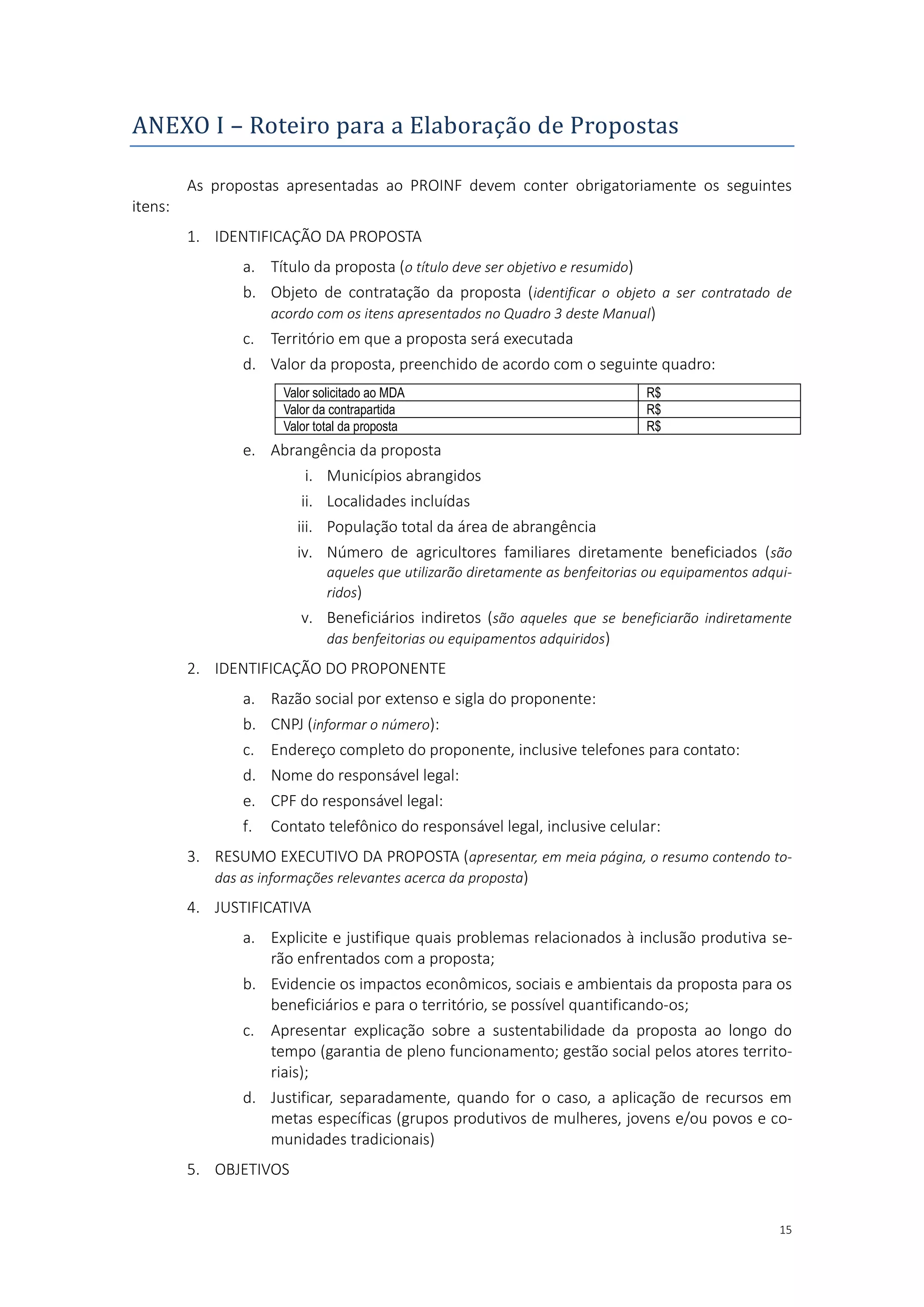 15
ANEXO I – Roteiro para a Elaboraçao de Propostas
As propostas apresentadas ao PROINF devem conter obrigatoriamente os seguintes
itens:
1. IDENTIFICAÇÃO DA PROPOSTA
a. Título da proposta (o título deve ser objetivo e resumido)
b. Objeto de contratação da proposta (identificar o objeto a ser contratado de
acordo com os itens apresentados no Quadro 3 deste Manual)
c. Território em que a proposta será executada
d. Valor da proposta, preenchido de acordo com o seguinte quadro:
Valor solicitado ao MDA R$
Valor da contrapartida R$
Valor total da proposta R$
e. Abrangência da proposta
i. Municípios abrangidos
ii. Localidades incluídas
iii. População total da área de abrangência
iv. Número de agricultores familiares diretamente beneficiados (são
aqueles que utilizarão diretamente as benfeitorias ou equipamentos adqui-
ridos)
v. Beneficiários indiretos (são aqueles que se beneficiarão indiretamente
das benfeitorias ou equipamentos adquiridos)
2. IDENTIFICAÇÃO DO PROPONENTE
a. Razão social por extenso e sigla do proponente:
b. CNPJ (informar o número):
c. Endereço completo do proponente, inclusive telefones para contato:
d. Nome do responsável legal:
e. CPF do responsável legal:
f. Contato telefônico do responsável legal, inclusive celular:
3. RESUMO EXECUTIVO DA PROPOSTA (apresentar, em meia página, o resumo contendo to-
das as informações relevantes acerca da proposta)
4. JUSTIFICATIVA
a. Explicite e justifique quais problemas relacionados à inclusão produtiva se-
rão enfrentados com a proposta;
b. Evidencie os impactos econômicos, sociais e ambientais da proposta para os
beneficiários e para o território, se possível quantificando-os;
c. Apresentar explicação sobre a sustentabilidade da proposta ao longo do
tempo (garantia de pleno funcionamento; gestão social pelos atores territo-
riais);
d. Justificar, separadamente, quando for o caso, a aplicação de recursos em
metas específicas (grupos produtivos de mulheres, jovens e/ou povos e co-
munidades tradicionais)
5. OBJETIVOS
 