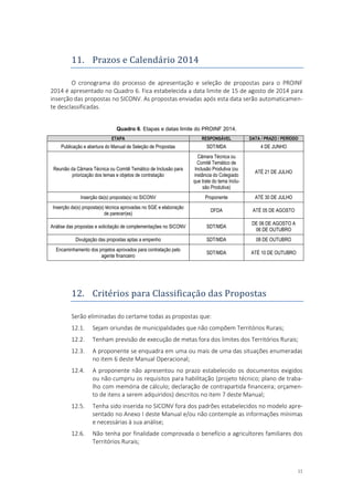 11
11. Prazos e Calendario 2014
O cronograma do processo de apresentação e seleção de propostas para o PROINF
2014 é apresentado no Quadro 6. Fica estabelecida a data limite de 15 de agosto de 2014 para
inserção das propostas no SICONV. As propostas enviadas após esta data serão automaticamen-
te desclassificadas.
Quadro 6. Etapas e datas limite do PROINF 2014.
ETAPA RESPONSÁVEL DATA / PRAZO / PERÍODO
Publicação e abertura do Manual de Seleção de Propostas SDT/MDA 4 DE JUNHO
Reunião da Câmara Técnica ou Comitê Temático de Inclusão para
priorização dos temas e objetos de contratação
Câmara Técnica ou
Comitê Temático de
Inclusão Produtiva (ou
instância do Colegiado
que trate do tema Inclu-
são Produtiva)
ATÉ 21 DE JULHO
Inserção da(s) proposta(s) no SICONV Proponente ATÉ 30 DE JULHO
Inserção da(s) proposta(s) técnica aprovadas no SGE e elaboração
de parecer(es)
DFDA ATÉ 05 DE AGOSTO
Análise das propostas e solicitação de complementações no SICONV SDT/MDA
DE 06 DE AGOSTO A
06 DE OUTUBRO
Divulgação das propostas aptas a empenho SDT/MDA 08 DE OUTUBRO
Encaminhamento dos projetos aprovados para contratação pelo
agente financeiro
SDT/MDA ATÉ 10 DE OUTUBRO
12. Criterios para Classificaçao das Propostas
Serão eliminadas do certame todas as propostas que:
12.1. Sejam oriundas de municipalidades que não compõem Territórios Rurais;
12.2. Tenham previsão de execução de metas fora dos limites dos Territórios Rurais;
12.3. A proponente se enquadra em uma ou mais de uma das situações enumeradas
no item 6 deste Manual Operacional;
12.4. A proponente não apresentou no prazo estabelecido os documentos exigidos
ou não cumpriu os requisitos para habilitação (projeto técnico; plano de traba-
lho com memória de cálculo; declaração de contrapartida financeira; orçamen-
to de itens a serem adquiridos) descritos no item 7 deste Manual;
12.5. Tenha sido inserida no SICONV fora dos padrões estabelecidos no modelo apre-
sentado no Anexo I deste Manual e/ou não contemple as informações mínimas
e necessárias à sua análise;
12.6. Não tenha por finalidade comprovada o benefício a agricultores familiares dos
Territórios Rurais;
 