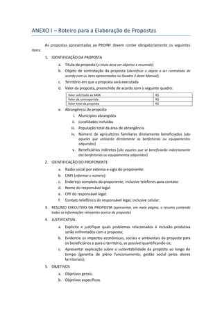 ANEXO I – Roteiro para a Elaboração de Propostas
As propostas apresentadas ao PROINF devem conter obrigatoriamente os seguintes
itens:
1. IDENTIFICAÇÃO DA PROPOSTA
a. Título da proposta (o título deve ser objetivo e resumido)
b. Objeto de contratação da proposta (identificar o objeto a ser contratado de
acordo com os itens apresentados no Quadro 3 deste Manual)
c. Território em que a proposta será executada
d. Valor da proposta, preenchido de acordo com o seguinte quadro:
Valor solicitado ao MDA R$
Valor da contrapartida R$
Valor total da proposta R$
e. Abrangência da proposta
i. Municípios abrangidos
ii. Localidades incluídas
iii. População total da área de abrangência
iv. Número de agricultores familiares diretamente beneficiados (são
aqueles que utilizarão diretamente as benfeitorias ou equipamentos
adquiridos)
v. Beneficiários indiretos (são aqueles que se beneficiarão indiretamente
das benfeitorias ou equipamentos adquiridos)
2. IDENTIFICAÇÃO DO PROPONENTE
a. Razão social por extenso e sigla do proponente:
b. CNPJ (informar o número):
c. Endereço completo do proponente, inclusive telefones para contato:
d. Nome do responsável legal:
e. CPF do responsável legal:
f. Contato telefônico do responsável legal, inclusive celular:
3. RESUMO EXECUTIVO DA PROPOSTA (apresentar, em meia página, o resumo contendo
todas as informações relevantes acerca da proposta)
4. JUSTIFICATIVA
a. Explicite e justifique quais problemas relacionados à inclusão produtiva
serão enfrentados com a proposta;
b. Evidencie os impactos econômicos, sociais e ambientais da proposta para
os beneficiários e para o território, se possível quantificando-os;
c. Apresentar explicação sobre a sustentabilidade da proposta ao longo do
tempo (garantia de pleno funcionamento; gestão social pelos atores
territoriais);
5. OBJETIVOS
a. Objetivos gerais;
b. Objetivos específicos.
 
