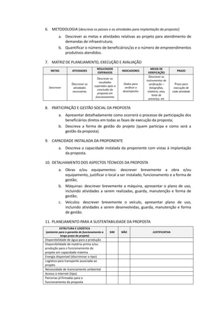 6. METODOLOGIA (descreva os passos e as atividades para implantação da proposta)
a. Descrever as metas e atividades relativas ao projeto para atendimento de
demandas de infraestrutura;
b. Quantificar o número de beneficiários/as e o número de empreendimentos
produtivos atendidos.
7. MATRIZ DE PLANEJAMENTO, EXECUÇÃO E AVALIAÇÃO
METAS ATIVIDADES
RESULTADOS
ESPERADOS
INDICADORES
MEIOS DE
VERIFICAÇÃO
PRAZO
Descrever
Descrever as
atividades
necessárias
Descrever os
resultados
esperados após a
conclusão da
proposta em
funcionamento
Dados para
verificar o
desempenho
Descrever os
instrumentos de
verificação –
fotografias,
relatório, atas,
listas de
presença, etc
Prazo para
execução de
cada atividade
8. PARTICIPAÇÃO E GESTÃO SOCIAL DA PROPOSTA
a. Apresentar detalhadamente como ocorrerá o processo de participação dos
beneficiários diretos em todas as fases de execução da proposta;
b. Descreva a forma de gestão do projeto (quem participa e como será a
gestão da proposta).
9. CAPACIDADE INSTALADA DA PROPONENTE
a. Descreva a capacidade instalada da proponente com vistas à implantação
da proposta.
10. DETALHAMENTO DOS ASPECTOS TÉCNICOS DA PROPOSTA
a. Obras e/ou equipamentos: descrever brevemente a obra e/ou
equipamento, justificar o local a ser instalado, funcionamento e a forma de
gestão;
b. Máquinas: descrever brevemente a máquina, apresentar o plano de uso,
incluindo atividades a serem realizadas, guarda, manutenção e forma de
gestão;
c. Veículos: descrever brevemente o veículo, apresentar plano de uso,
incluindo atividades a serem desenvolvidas, guarda, manutenção e forma
de gestão.
11. PLANEJAMENTO PARA A SUSTENTABILIDADE DA PROPOSTA
ESTRUTURA E LOGÍSTICA
(existente para a garantia de funcionamento a
longo prazo do projeto)
SIM NÃO JUSTIFICATIVA
Disponibilidade de água para a produção
Disponibilidade de matéria-prima e/ou
produção para o funcionamento do
projeto em capacidade máxima
Energia disponível (discriminar o tipo)
Logística para transporte associada ao
projeto
Necessidade de licenciamento ambiental
Acesso à internet (tipo)
Parcerias já firmadas para o
funcionamento da proposta
 